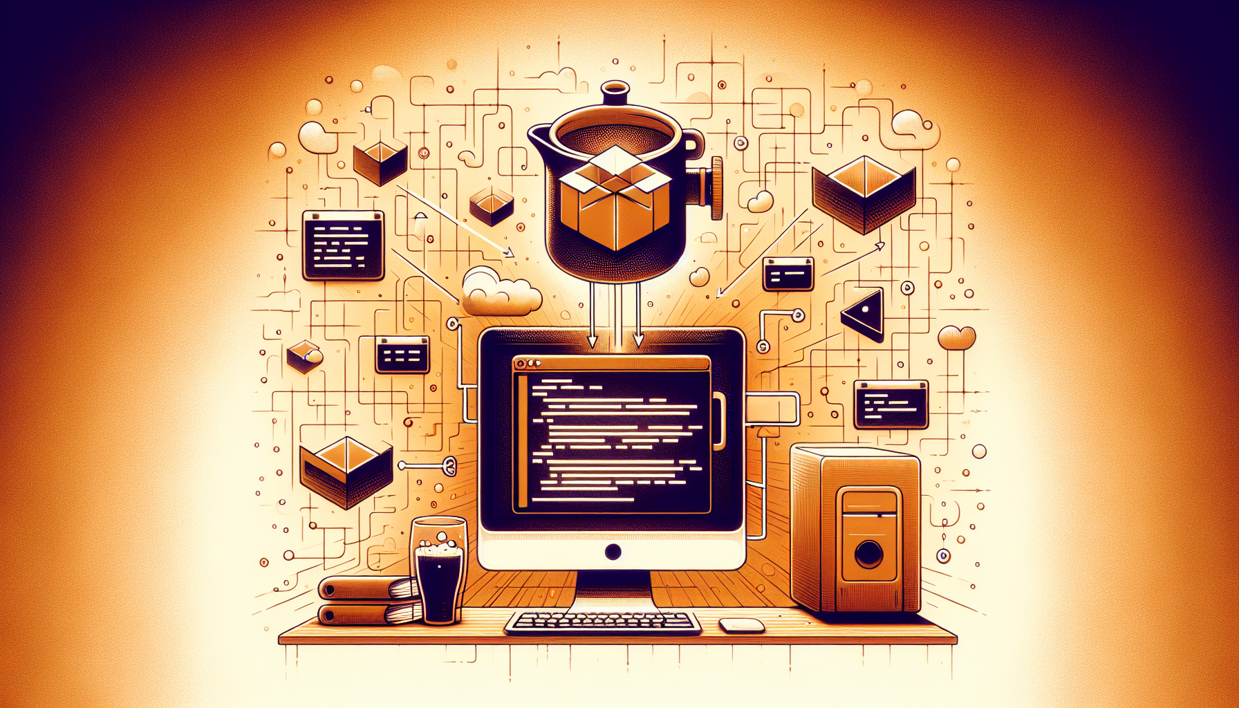 An abstract conceptual representation of setting up PHP using Brew on a Mac operating system. The image could contain a Mac computer without any logo or brand name, framed in an environment that's warm and inviting like a well-lit workspace. The illustration might also include a depiction of the Brew package manager, visually interpreted as a bubbling pot or a brewer's barrel. Two unbranded bifold squares, symbolizing PHP, are installed into the computer via a series of arrows, symbolizing the installation process. The entire composition is devoid of any human figures, text, and brand names or logos.