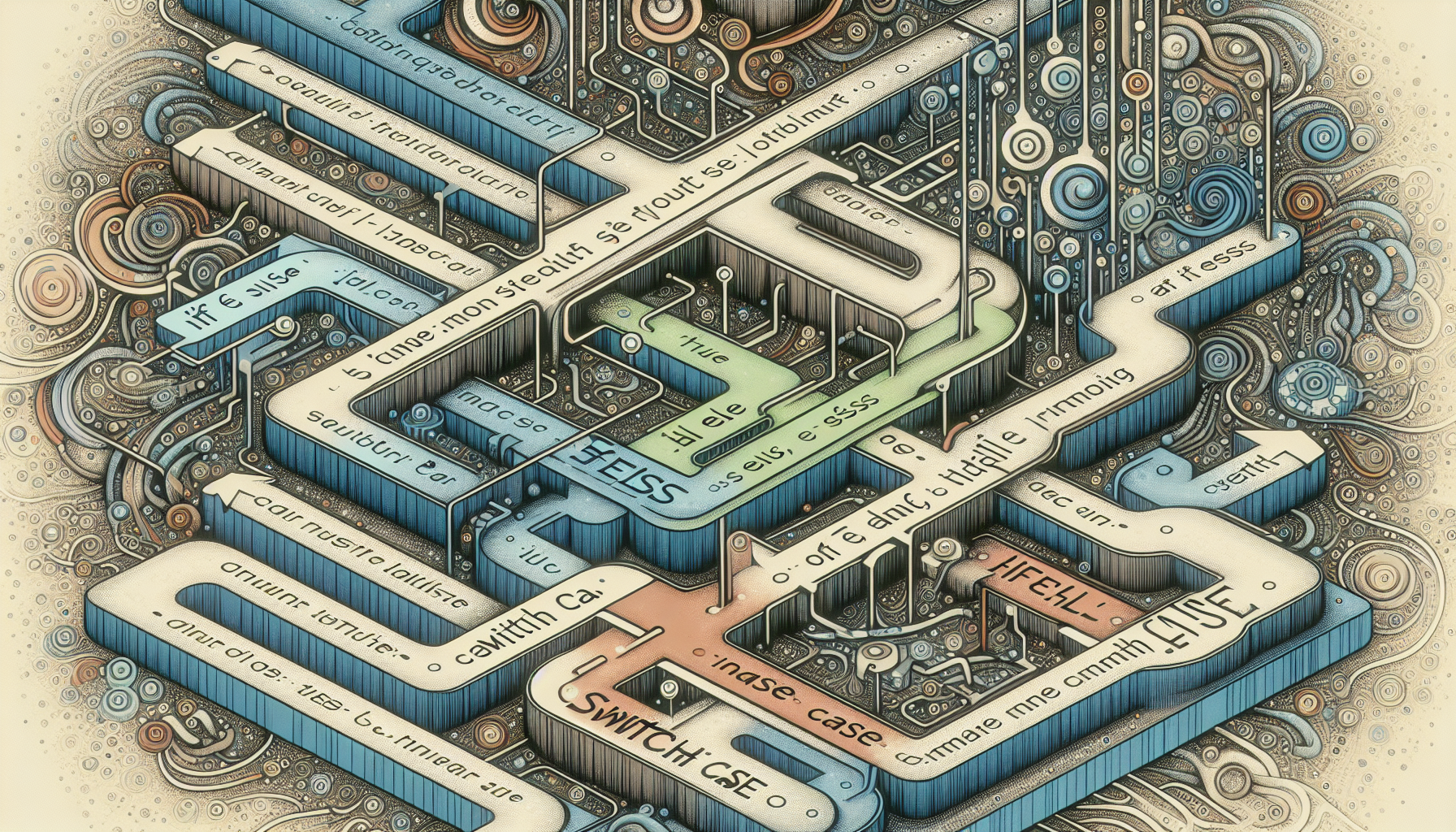 An intricate representation of a programming concept related to PHP, concentrating solely on 'If Else' and 'Switch Case'. The image illustrates an abstract metaphorical pathway, branching into two distinctive routes symbolizing 'If Else'. Each route should have conceptual decorations indicating outcomes of true and false. Close by, feature another pathway illustrating 'Switch Case'; a multidecked route with numerous exit points signifying various case scenarios. Make sure the graphic language is universal and does not sport any brand names, textual indications, or human presence.