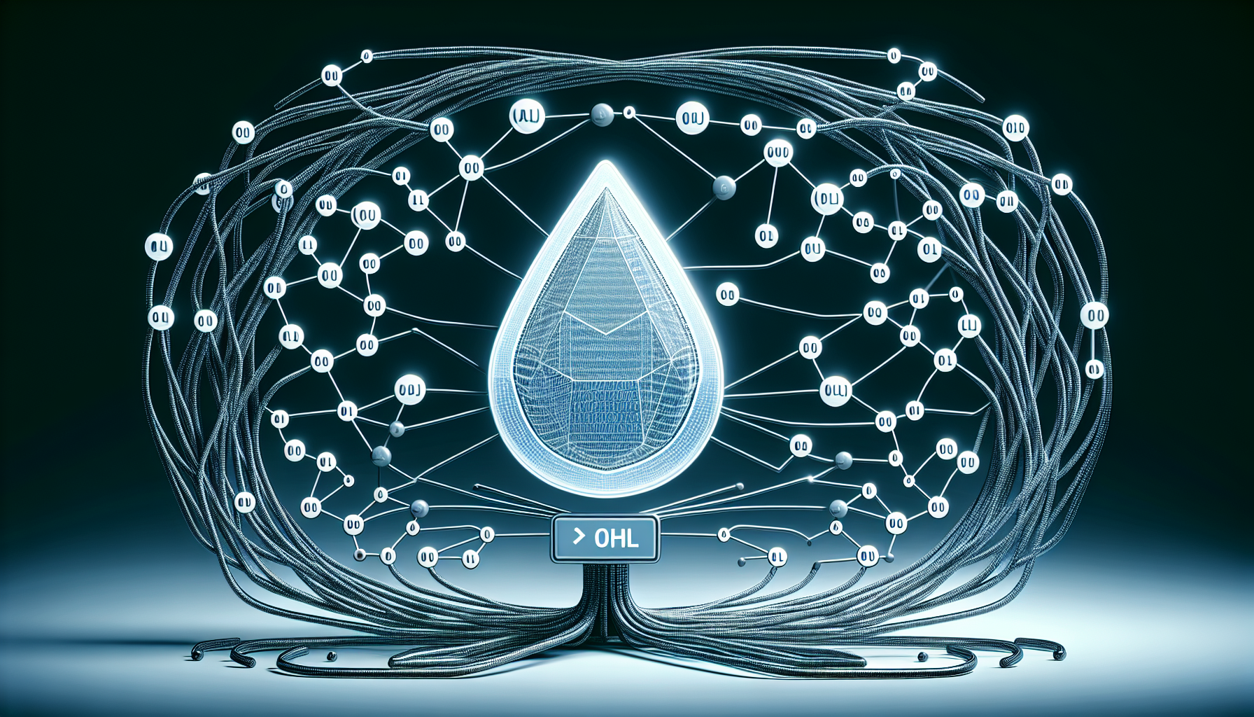 Visual representation of a simple router for clean URLs in the context of PHP, conceptualized as a network of binary codes and abstract shapes intertwining and leading to a pristine, uncluttered node symbolic of a clean URL. The elements are devoid of any human presence, textual content, brand names, or logos, emphasizing the concept of simplicity and cleanliness in web development.