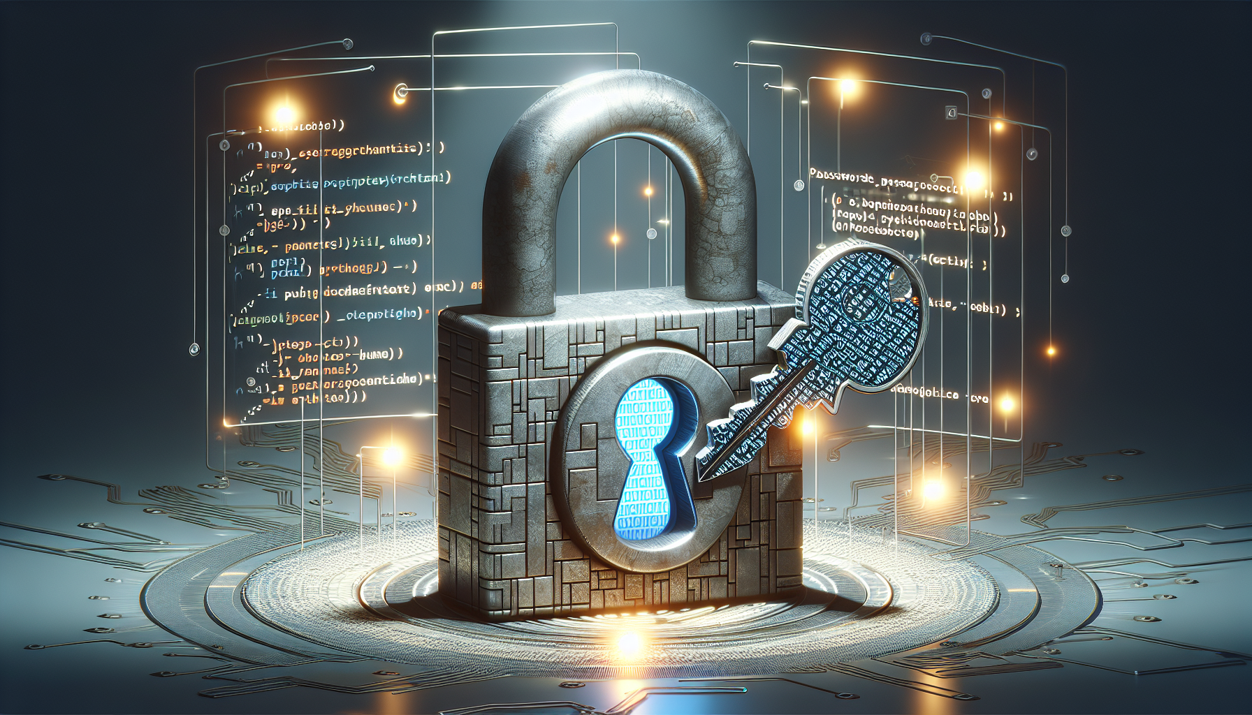 A metaphorical illustration showing the concept of secure user authentication in PHP and password hashing. The scene features a large, abstract lock representing secure authentication, with a key containing digital binary code representing hashed passwords. It's made up of metallic hues, symbolizing the strength of security measures. Hovering around the lock are several small, glowing lines of PHP code snippets, implying the programming language used in creating security systems. No people, brand names, or text present in the image. This is framed in an abstract technology inspired backdrop.