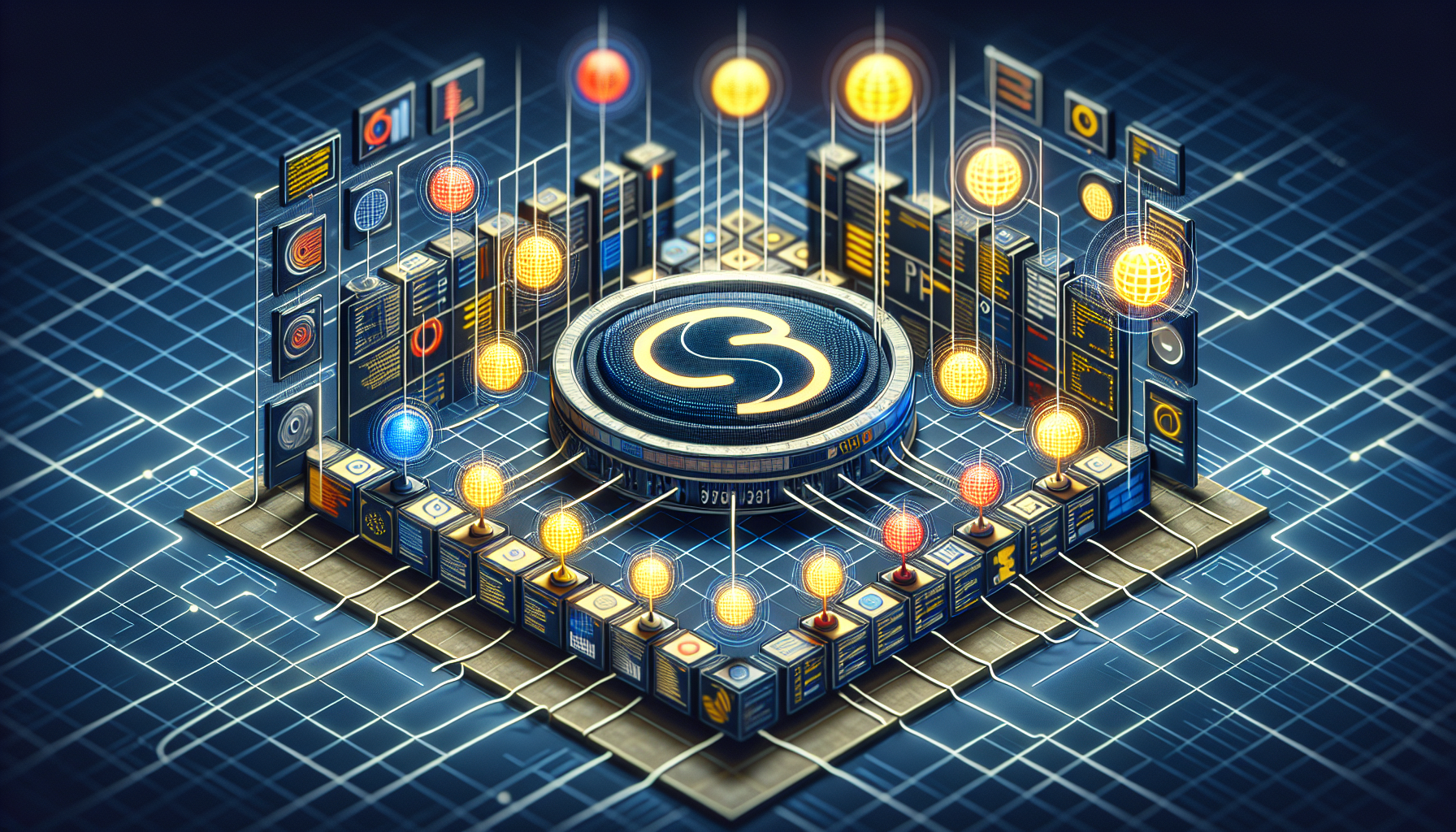 An abstract representation of the process of generating and verifying CSRF tokens using PHP. Display a visual metaphor of a web server with a PHP logo cleverly embedded within, producing unique tokens represented as individual glowing spheres. Show another element of the server, appearing as if it verifies the tokens. The spheres go through a checker grid before reaching the server, with some being allowed and others being denied. Maintain a digital, tech-themed style throughout the picture.