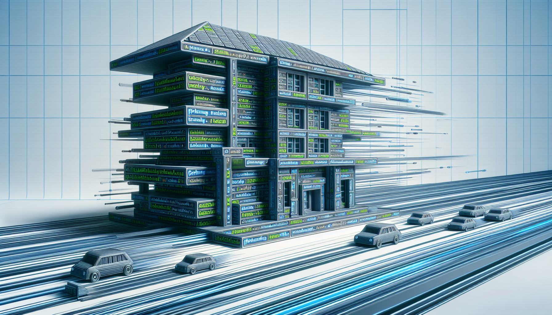 A visual representation of a web application development scene, showing a building structure being made out of codes representing a PHP caching system. It symbolizes how PHP caching speeds up web applications. The structure is built using symbolic lines of codes expressed in a 3D, stylized view, creating the sense of speed and efficiency. It's an abstract image yet representative in terms of internet coding. There are no brand names, logos, text on items, or people present in the scene.