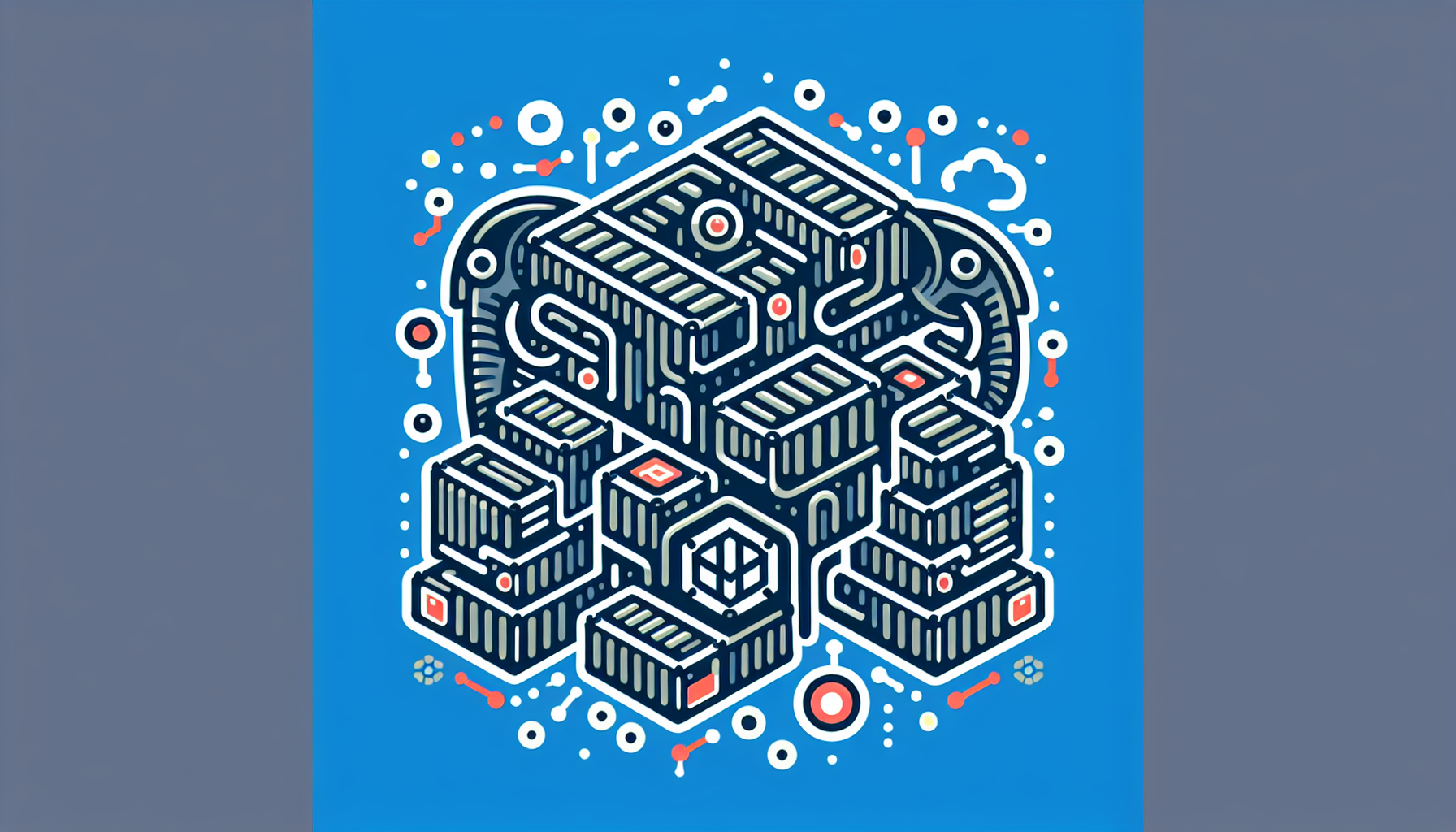 Generate an image showcasing the concepts and technologies associated with building a microservice using PHP and Docker. Perhaps this image could visualize Docker containers interlinked to represent a microservice architecture. A symbol, abstract or otherwise, could be used to represent PHP - perhaps a stylized elephant, as it's often related to this technology. Remember, though it's a technological theme, try to subtly interweave artistic expressions in the mix for aesthetics. The image should not contain any text, brand names, logos, or people.