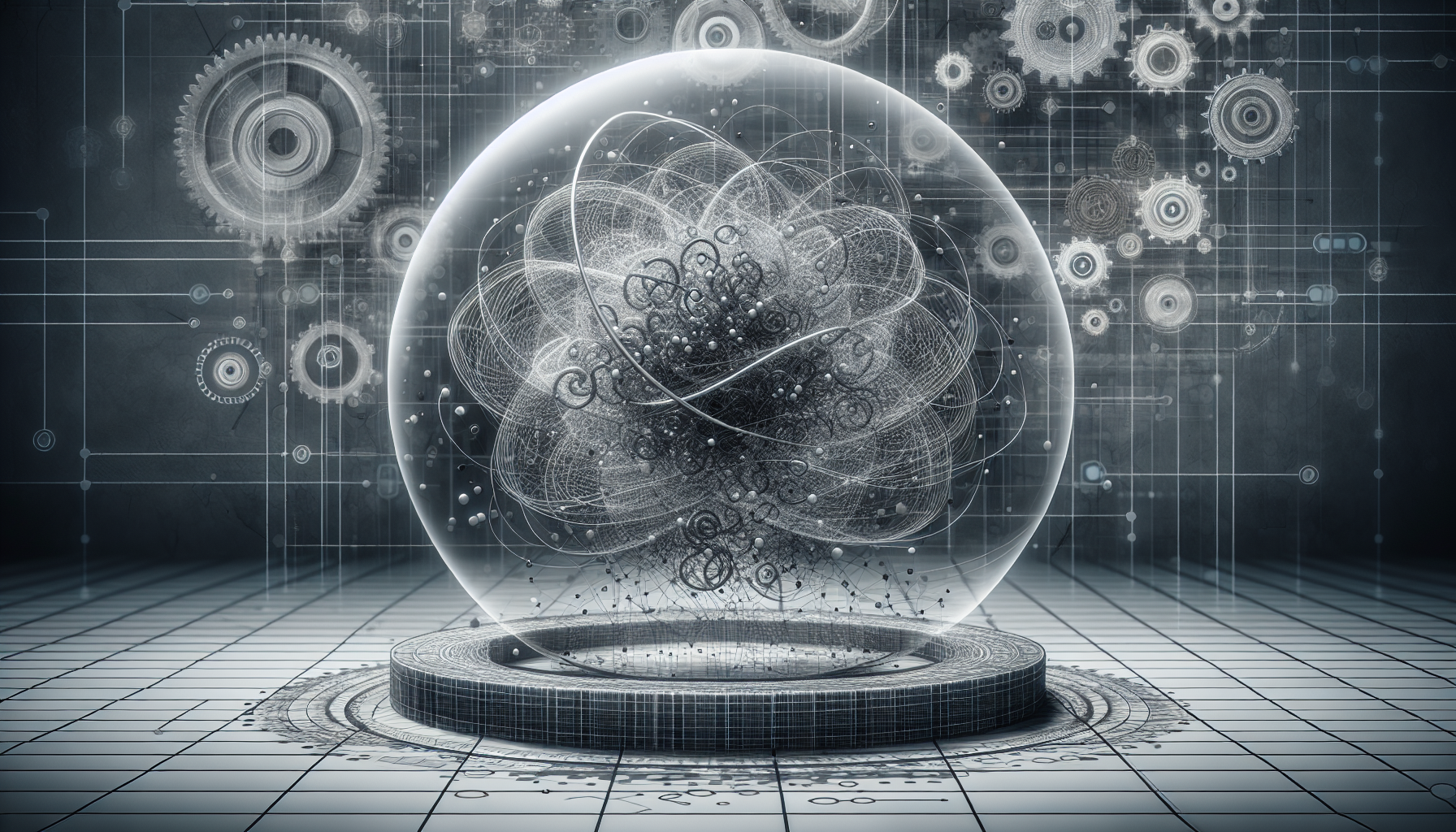 Illustrate an abstract concept highlighting the optimization of a programming process. Show a symbolic representation of a PHP script, represented as tangles of lines and dots, being streamlined and transformed into a sleek, efficient form. This transformation happens under a transparent dome, alluding to the invisible yet powerful process of OpCode caching. The background displays gears and mechanical structures representing the machinery of optimization at work. Ensure that the image is void of human presence, text, brand names, and logos.