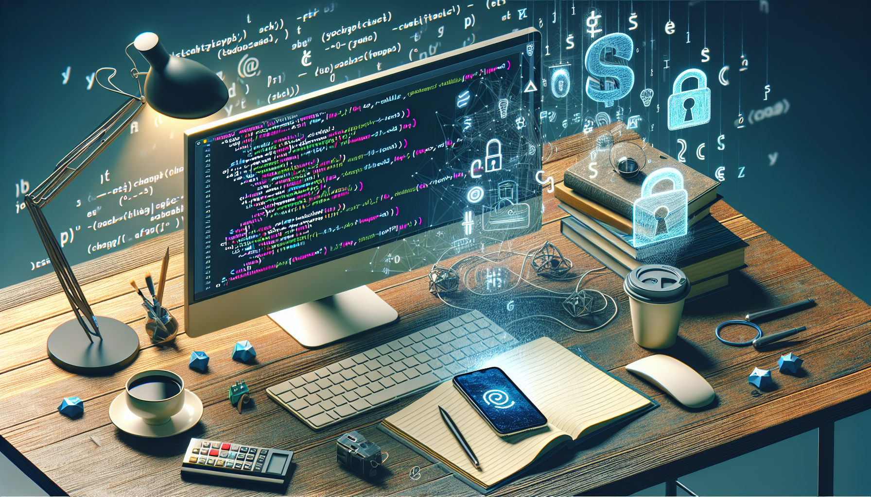 A conceptual image illustrating two-factor authentication in the context of PHP programming. The scene shows a desktop workspace seen from a bird's-eye view. On the desk is a computer monitor displaying an abstract representation of a PHP code snippet, possibly including curly braces, semicolon, and dollar signs but devoid of actual text or brand logos. Beside it is a smartphone floating in mid-air, representing the second factor of authentication, emitting a graphical representation of an access key, again with no text. Various coding books, a coffee cup, and a notepad complete the setting, all with no text or brand logos.