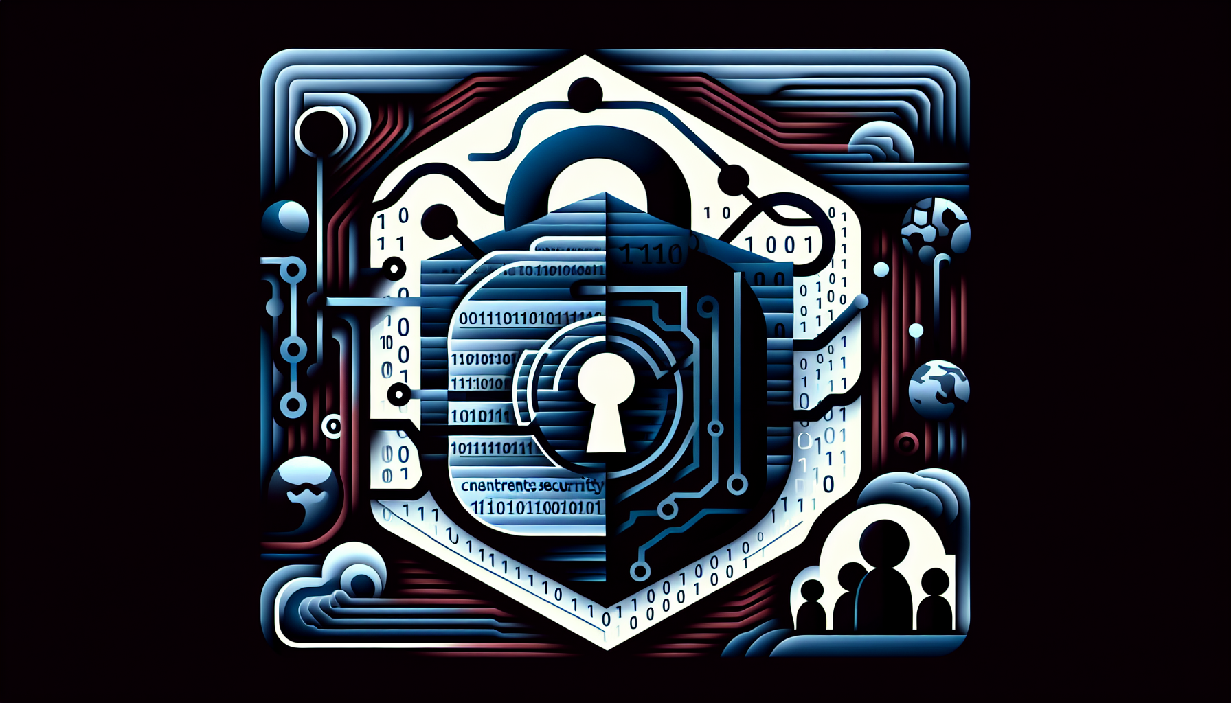 An abstract interpretation displaying network security concepts related to PHP applications. Include a locked padlock symbolizing security, interwoven with a series of binary numbers that signify data. In addition, represent the Content Security Policy by subtly incorporating the outline of a shield. Design the shield so that it appears to be defending against various threats, illustrated as shadowy, abstract shapes loitering at the perimeter. Avoid any depictions of people, text, brands, or logos. Use dark, cool colors for the overall theme to echo the mood of online security.