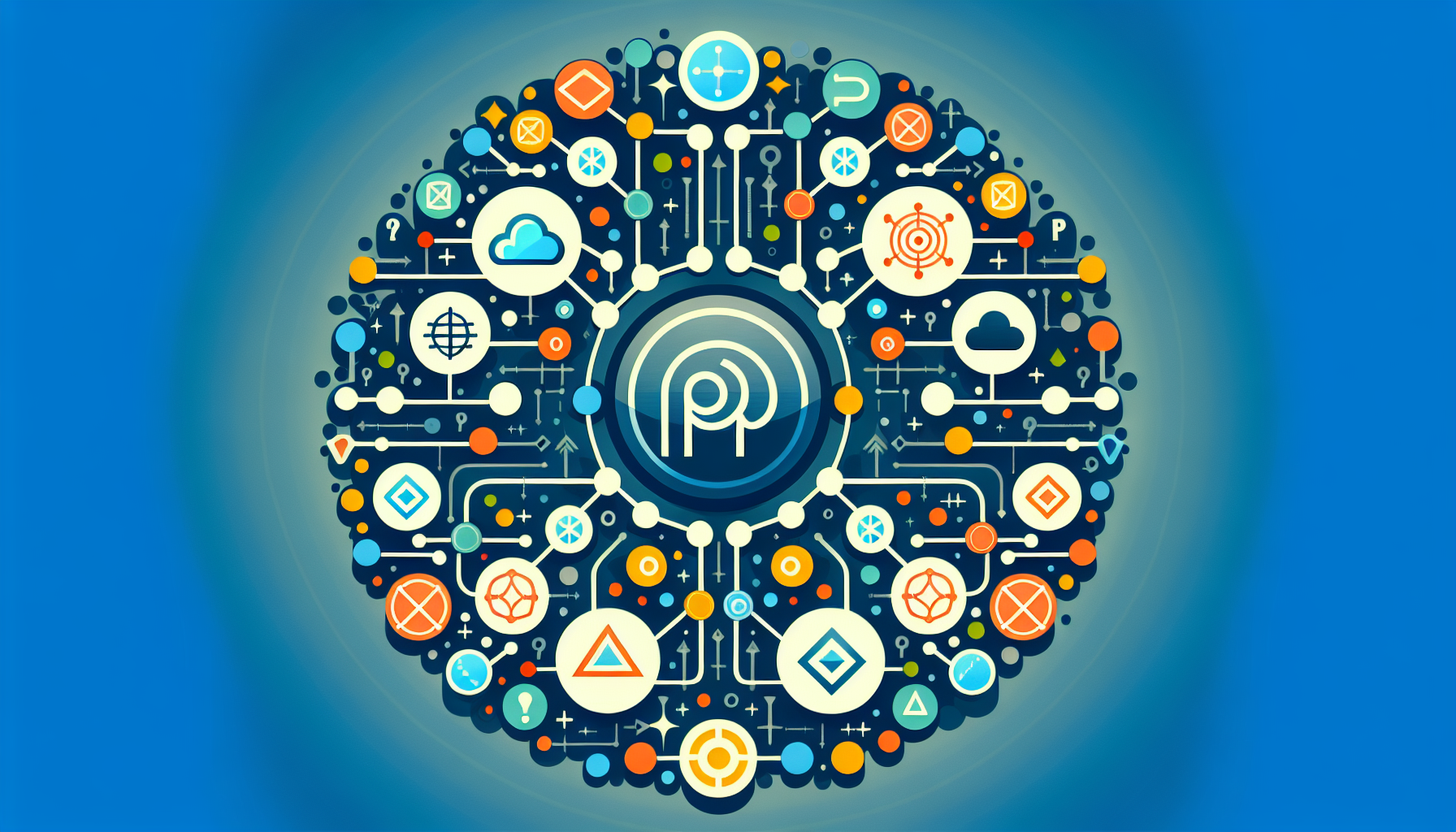 Create an abstract representation of the process of implementing SSE (Server-Sent Events) in PHP for real-time notifications. Perhaps a series of connected nodes symbolizing a network, with data symbols flowing from one to another, all being run by a PHP emblem. Do not include any human figures, brand names, logos, or textual elements within the composition.