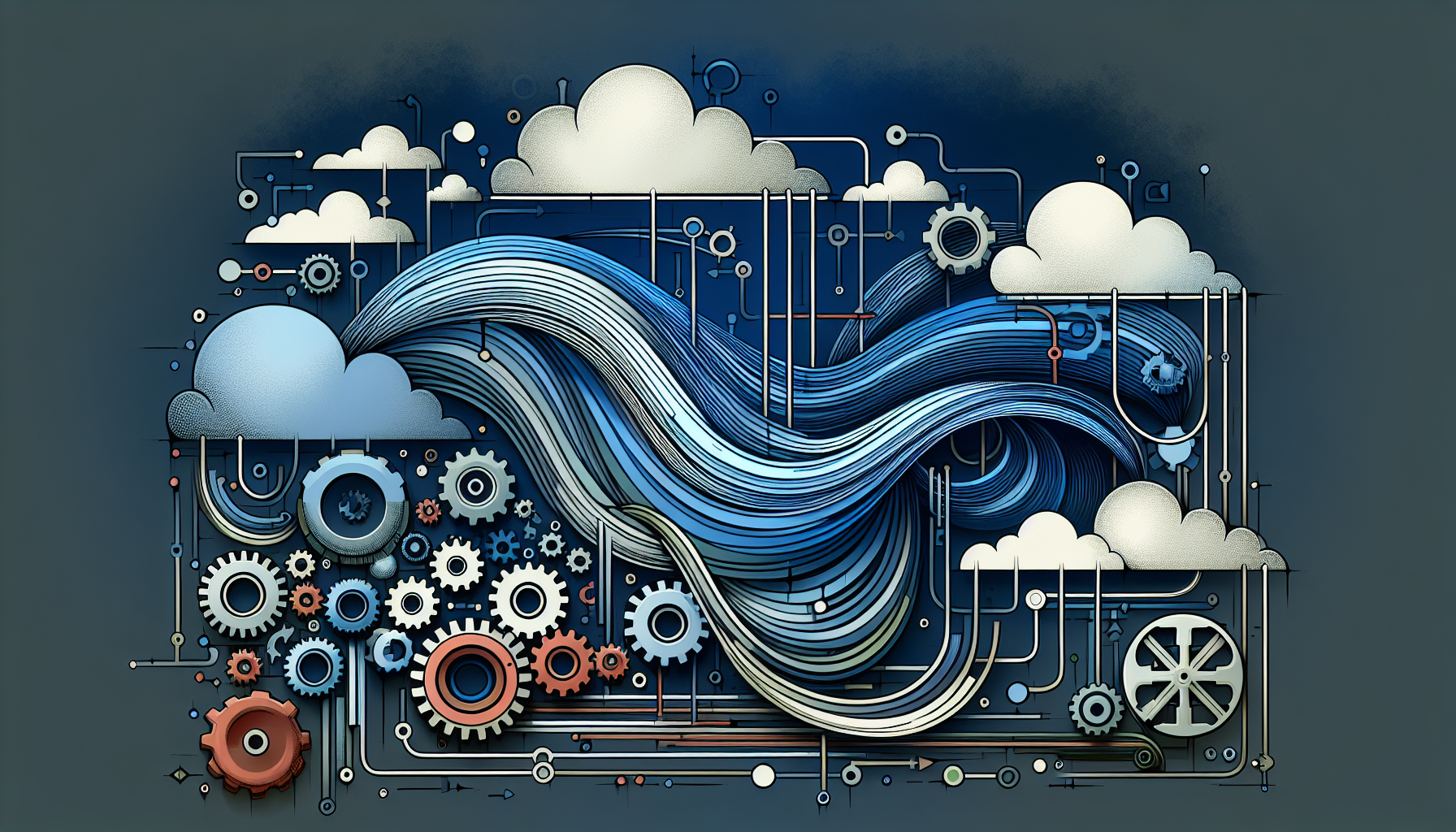 A visually conceptualized portrayal of the process of creating and managing background processes in PHP without the use of text. The image features multiple flowing lines, representative of PHP code, intertwined with symbolic gears, in turn conveying the concept of task management. You also see a series of cloudy shapes, denoting the 'background' nature of these processes. The artifacts are displayed abstractly, with no human elements incorporated into the visuals. All seen components are devoid of any identifiable trademarks or brand names.