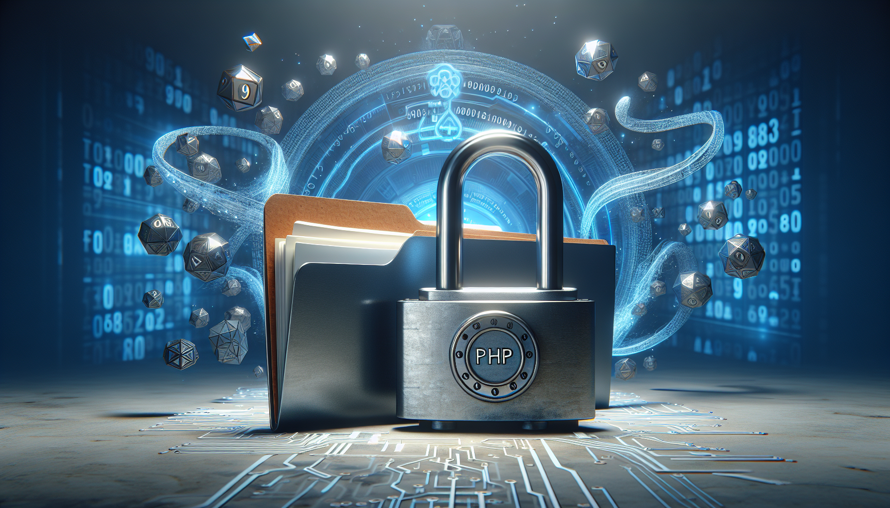 A metaphorical representation of file upload security in PHP. The scenery comprises of a heavy-duty padlock with 'PHP' engraved on it enveloping a typical file folder symbolizing the secure process. Abstract elements that portray encryption and data protection are seen swirling around the scene. The colors are dominantly blue and grey, representing digital technology. The perspective is from an omniscient third-person view. The environment is cleanly lit with soft-lighting suggesting a professional atmosphere. There are no logos, brands, text, or human figures present in the scene.