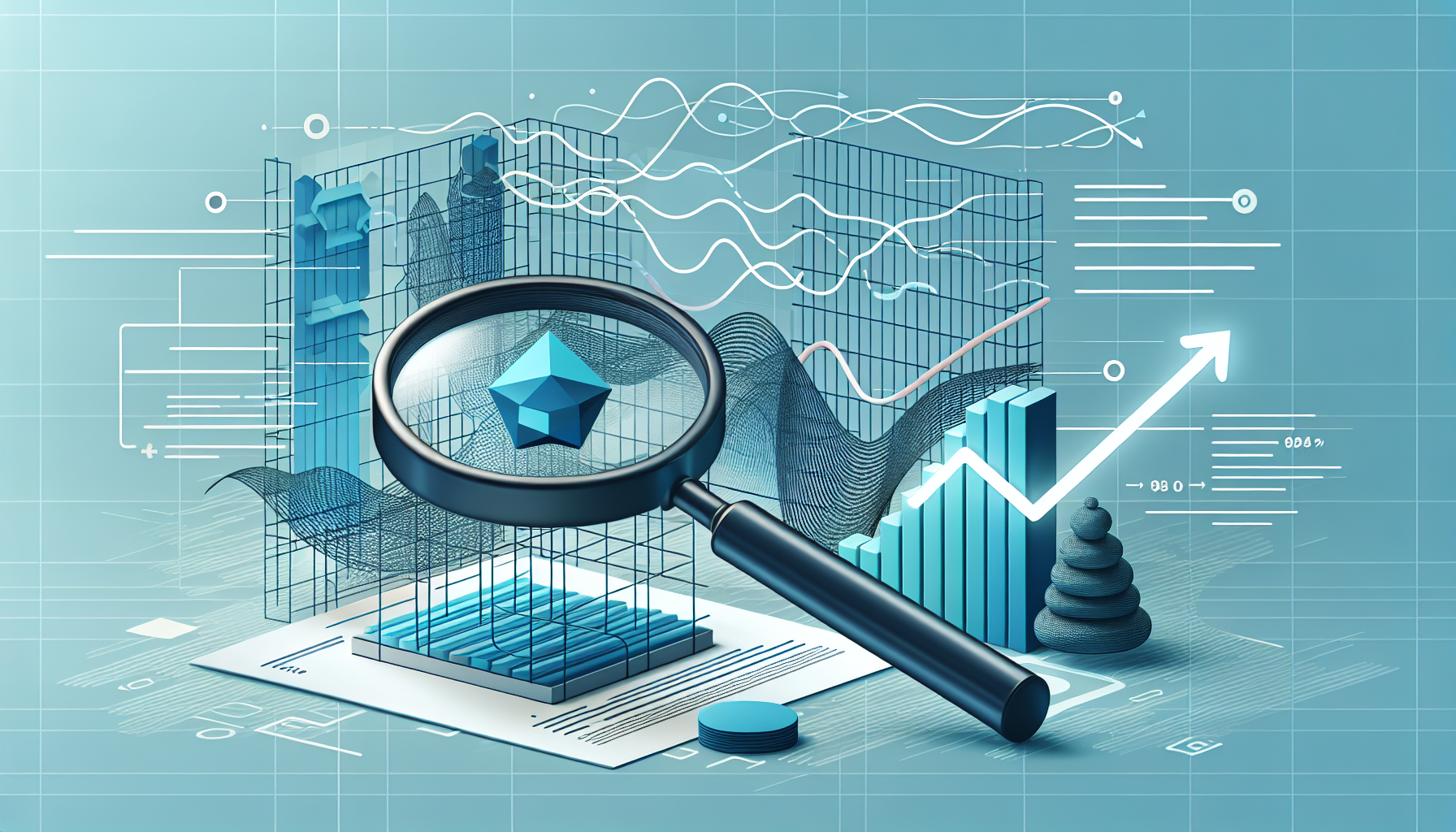 An abstract image representing performance analysis in the PHP programming language. The scene contains symbolic elements such as a magnifying glass hovering over a lattice structure symbolizing a codebase, and wavy lines and arrows indicating a performance profile. A separate vector graphic, shaped like a bar chart, represents the visualization element. The color scheme leans towards cooler tones like blues and greens. There are no text, logos, brand names, or people within the image.
