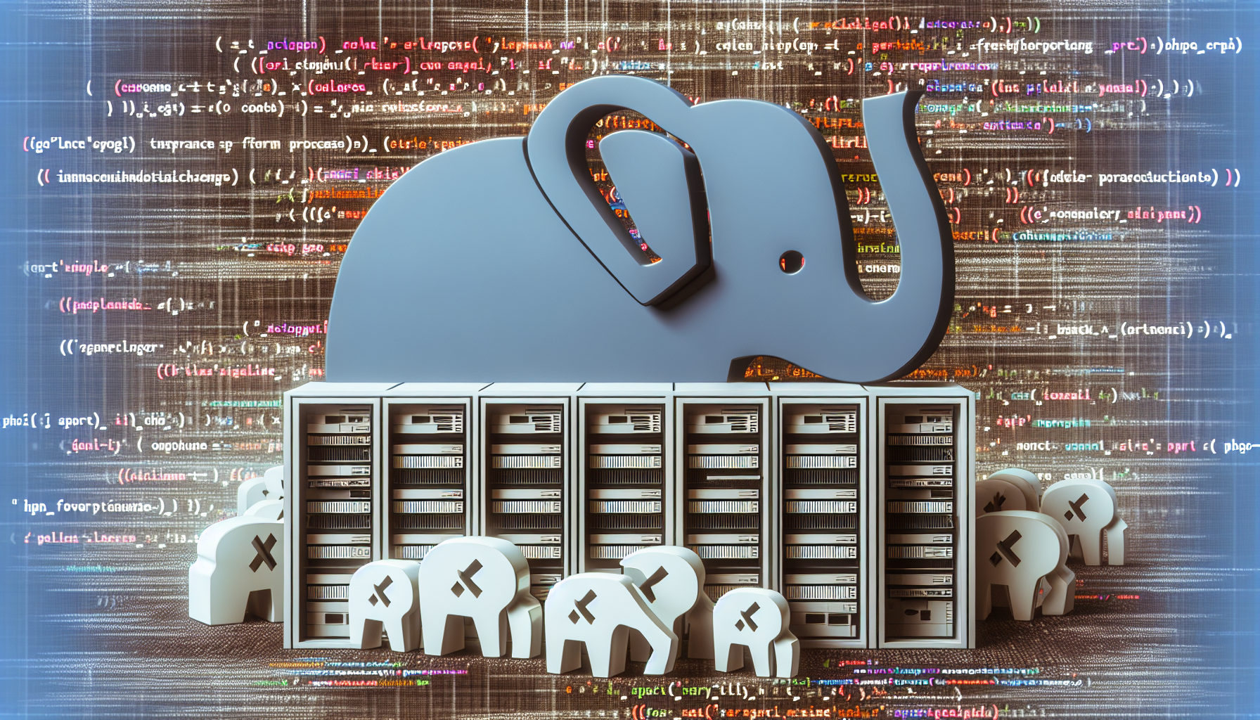 An image revealing the concept of advanced form processing in PHP behind the scenes without incorporating any text or humans. This involves a large abstract representation of a multi-step form set against a software code pattern background. Unbranded server racks situated at the edge show the execution of the code. Iconic illustrations of coding syntax, curly brackets, and semi-colons can be seen deliberately spread among a sea of abstract 1's and 0's. PHP elephants, commonly used as the PHP mascot, are used to subtly represent the PHP element.