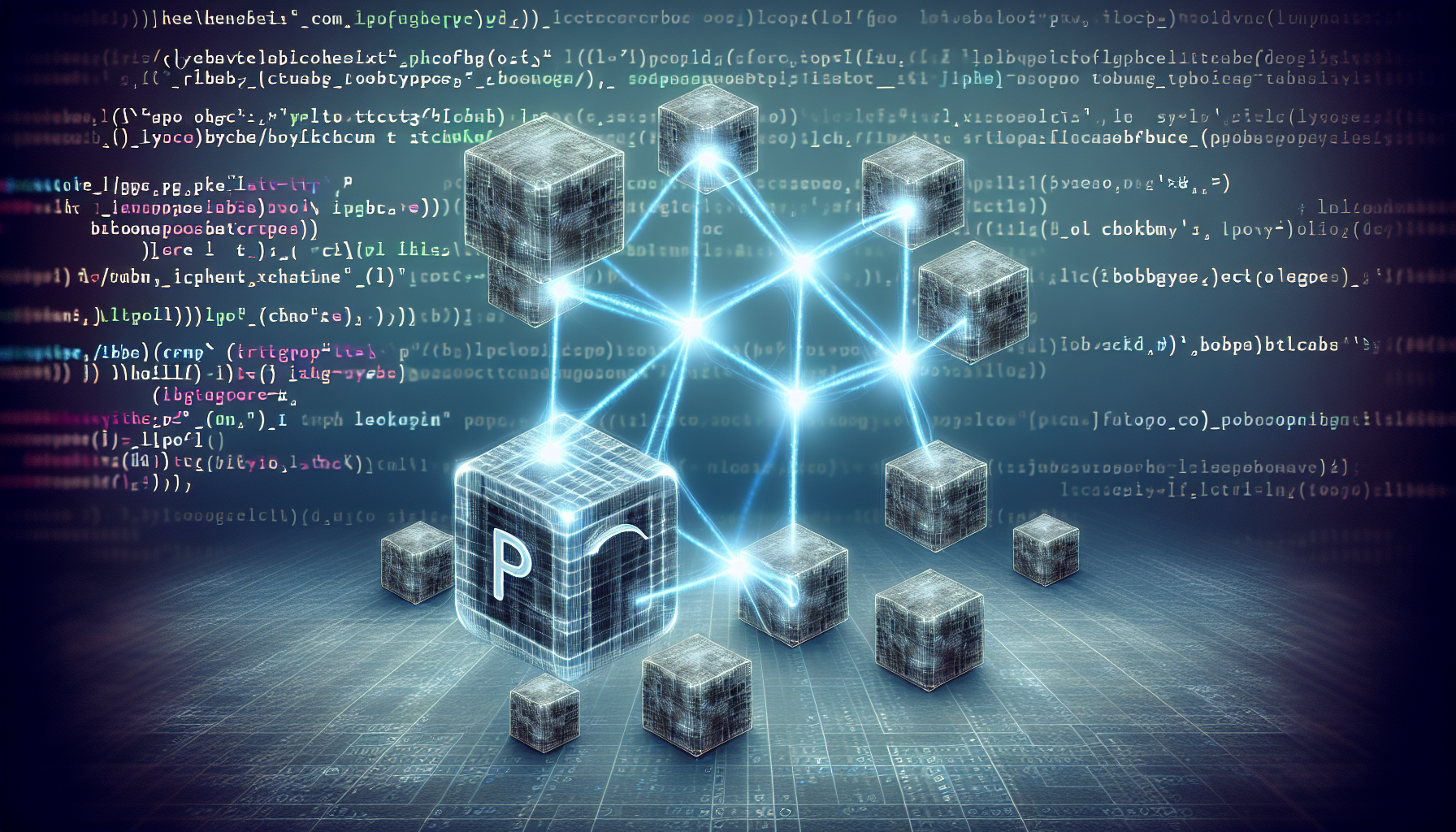 A digital visualization of the interaction between PHP coding and blockchain technology. Picture a PHP script line symbolized as a series of interconnected nodes, structured in the shape of an infinity sign, flowing into a symbolic blockchain represented by square blocks connected with links. The PHP nodes and blockchain blocks pulsate with a soft glow, suggesting activity. In the background, a transparent layer of binary code covers the image hinting at the complexity of cryptography involved. NO human characters, text, brand names or logos are included in this image.