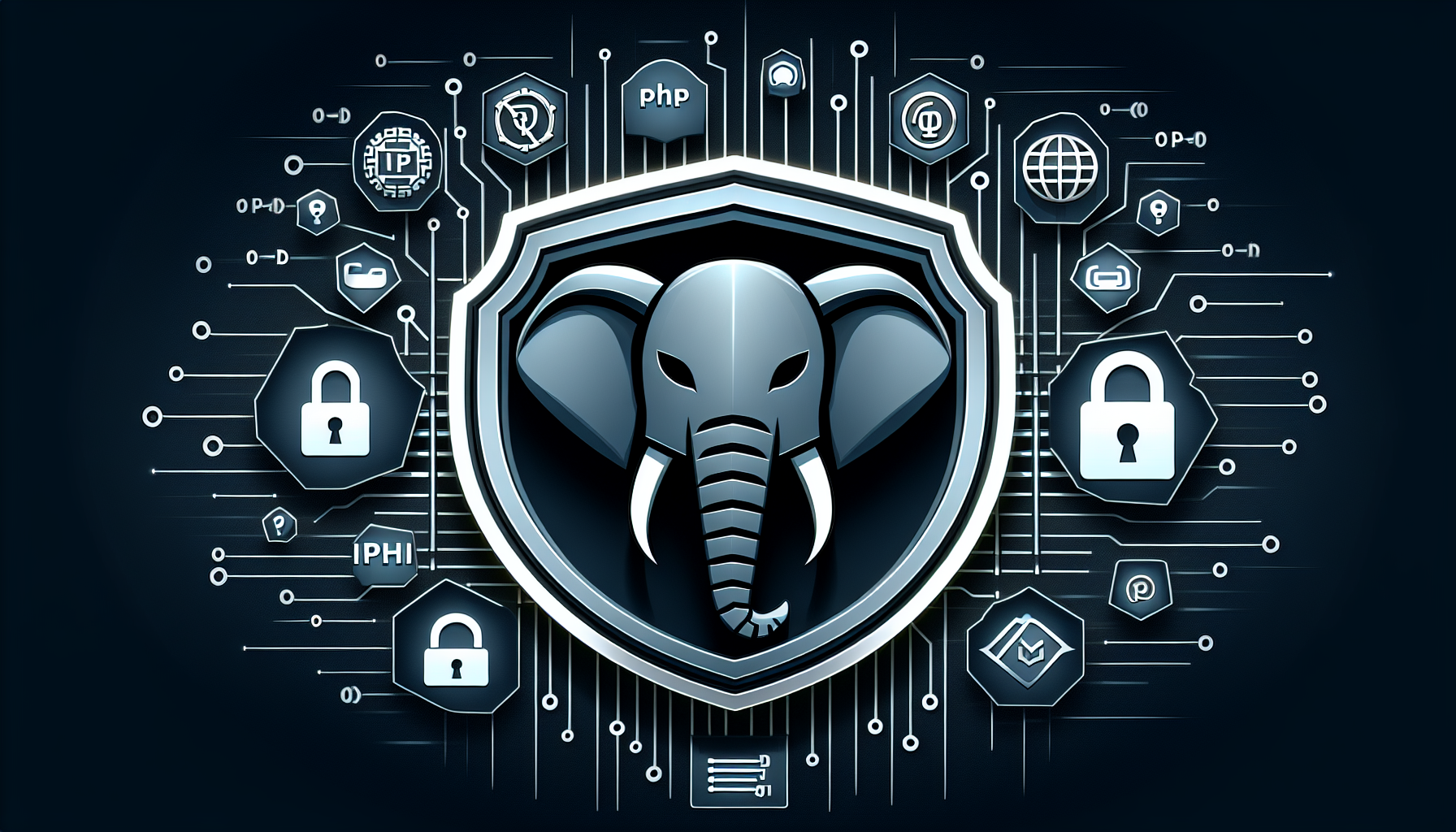 An image representing network security, specifically emphasizing on PHP language. The center of the image is dominated by a PHP elephant, the symbol of the programming language, in a defensive posture, illustrating the concept of protection. Surround it with motifs related to cyber security, such as a shield, a lock, and binaries to denote codes. Include symbols suggestive of vulnerabilities like a breached wall or a cracked shield. Ensure that the overall color scheme is sober and professional, and devoid of any text, brand names, logos, or human figures.