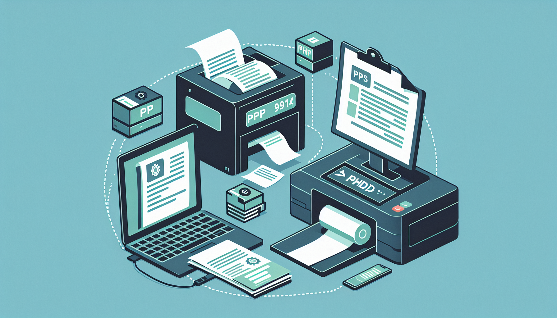 Generate an image illustrating the process of automatic PDF generation in PHP for reports and invoices. Depict three elements in the image: a laptop showing a PHP script on the screen, a printer processing the automated tasks, and a stack of neat papers representing digital invoices and reports. Ensure no text, brand names, or logos appear in the image. Create in the style of a flat and minimalistic digital illustration. There should be no humans in the image.