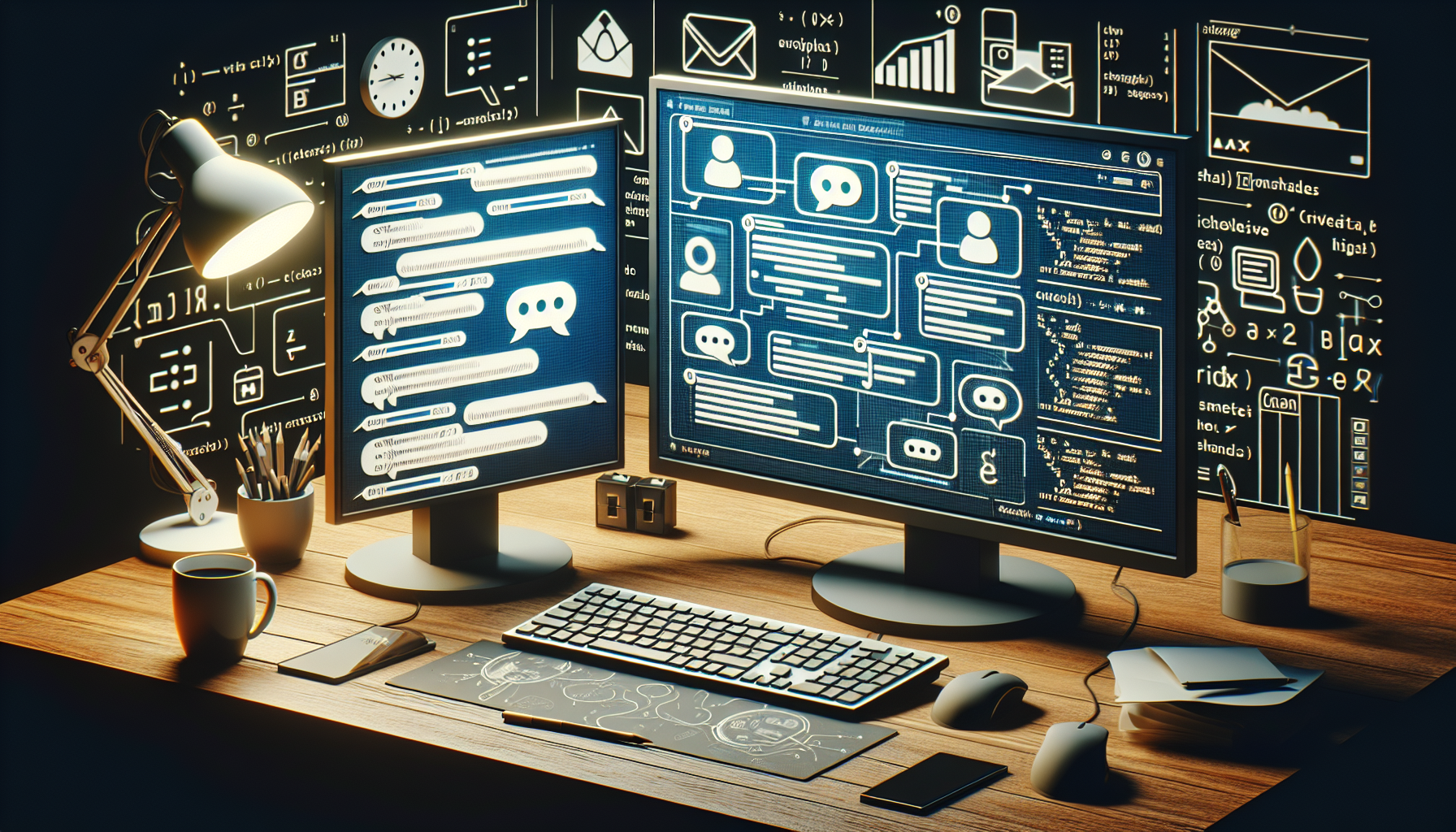 A conceptual scene portraying the development of a chat application using PHP and AJAX: Two monitors side by side on a wooden table. On the left monitor, there is a blueprint of chat boxes, indicative of a chat interface. On the right monitor, symbolic codes indicative of PHP and AJAX are displayed. The environment is well-lit, with a digital clock and a cup of coffee nearby. There is a keyboard and a mouse, but no humans. There are no brand names or logos, no explicit text displayed anywhere.