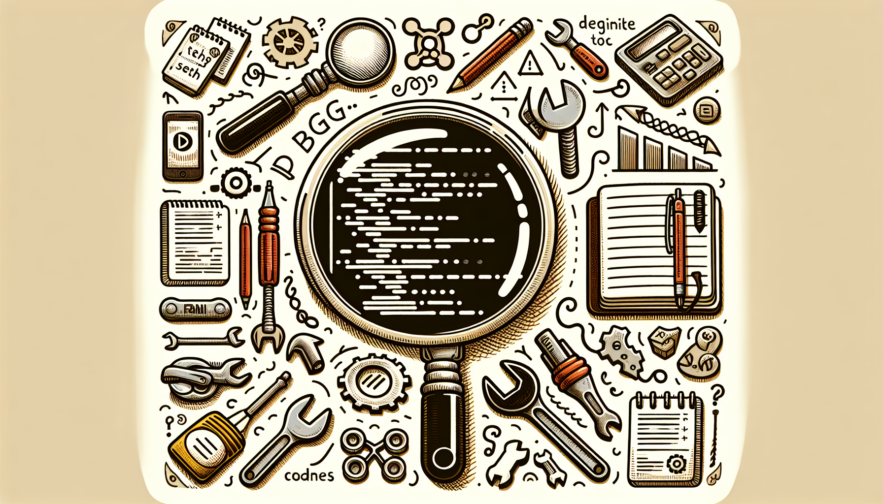 An intricately illustrated image focusing on concepts related to debugging PHP code. Content majorly represents debugging strategies and beginners' tools for PHP. Represent some elements like magnifying glasses on top of lines of code, tools like wrenches and screwdrivers that metaphorically represent repairing code, notepad symbols emblematic of coding practices, symbols of curly braces, semi-colons often found in PHP syntax. All the elements are neatly arranged without any person or text. Showcase a light tone overall to encourage beginners taking their initial steps in PHP debugging. Keep the image free from any brand names or logos.