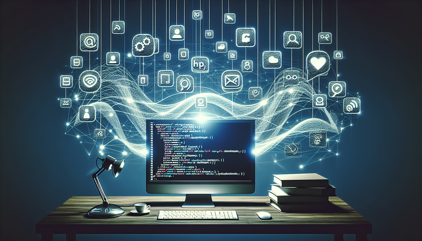 An image symbolizing the process of connecting and posting to social media platforms using PHP, absent of any brand names or logos. Visualize this scenario with a stylized version of a generic PHP code on a computer screen, with digital waves emanating from it to signify connectivity. Next to the computer, create a series of abstract, non-branded social media icons, receiving the digital waves suggestive of the posting process. The environment is a modern and minimal workspace. Remember, no people or any form of text should be included in this image.