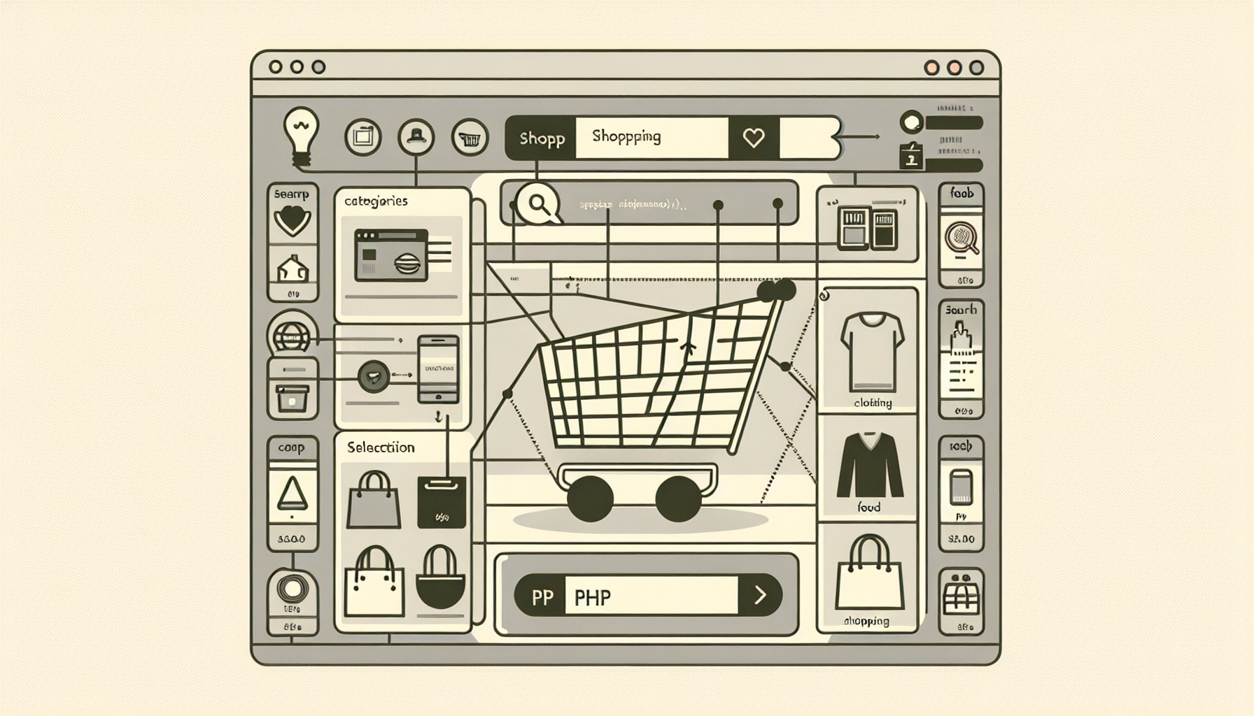 An interesting visual representation for a basic online shopping structure developed with PHP. Picture a website layout with clear categories, a simple and effective search bar, a streamlined shopping cart section, all arranged in a modern and minimalistic design. The aesthetic should be neutral-coloured and unperturbed from any brand logos or any human figures. Selection of items in the cart can be represented symbolically, such as a clothing icon, a food icon, and a tech gadget icon. Lastly, demonstrate a PHP code snippet being run behind the scenes to keep the cart functioning.