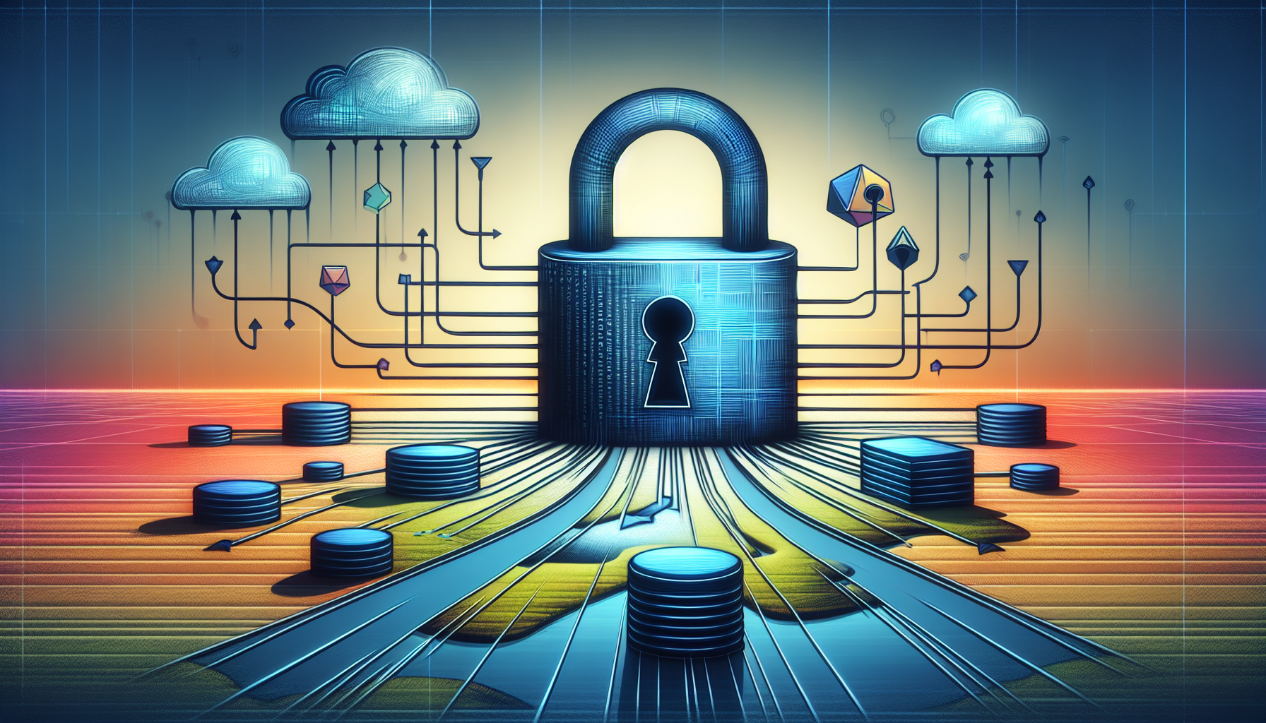 An abstract concept of custom authentication in programming. Picture a serene landscape with a large padlock in the horizon symbolizing security. This padlock has lines and arrows emanating from it that quickly taper and blend into the environment, symbolizing network connections. On one side of the image, depict a stylized representation of the PHP elephant logo abstract performed by a combination of geometric shapes. Similarly, on the other side, depict an abstract representation of a database, like stacks of flat, rectangular objects, to symbolize MySQL. Ensure no text, representations of people, or brand names are included in this image.
