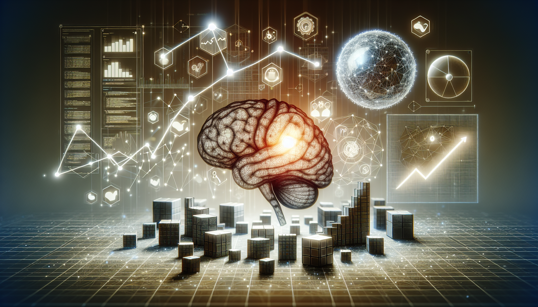 An intricate abstract representation conveying the idea of PHP programming and machine learning coming together for data prediction, without any text or people. The scene includes elements such as line graphs indicating upward trends, floating cubes signifying data points, and a brain-like structure capturing the concept of machine learning. In the environment, add a subtle 3D wireframe sphere that symbolizes the global reach of technology, and a glowing digital network in the background that replicates data transmission. Avoid any inclusion of logos, brand names or human elements.