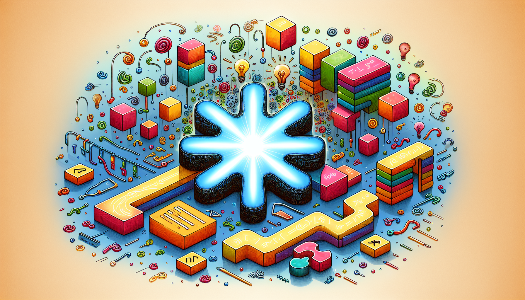 A colorful illustration showing scattered PHP coding elements like curly brackets, and symbols usually used in PHP coding. Underneath these elements, various building blocks are stacked on top of each other to symbolize constructing something. Additionally, the blocks form a pathway that leads to a gleaming API symbol radiating light. The image projects an ambiance of building something, mirroring the process of creating APIs. Remember, no brand names, no text, and no people are included in this image.