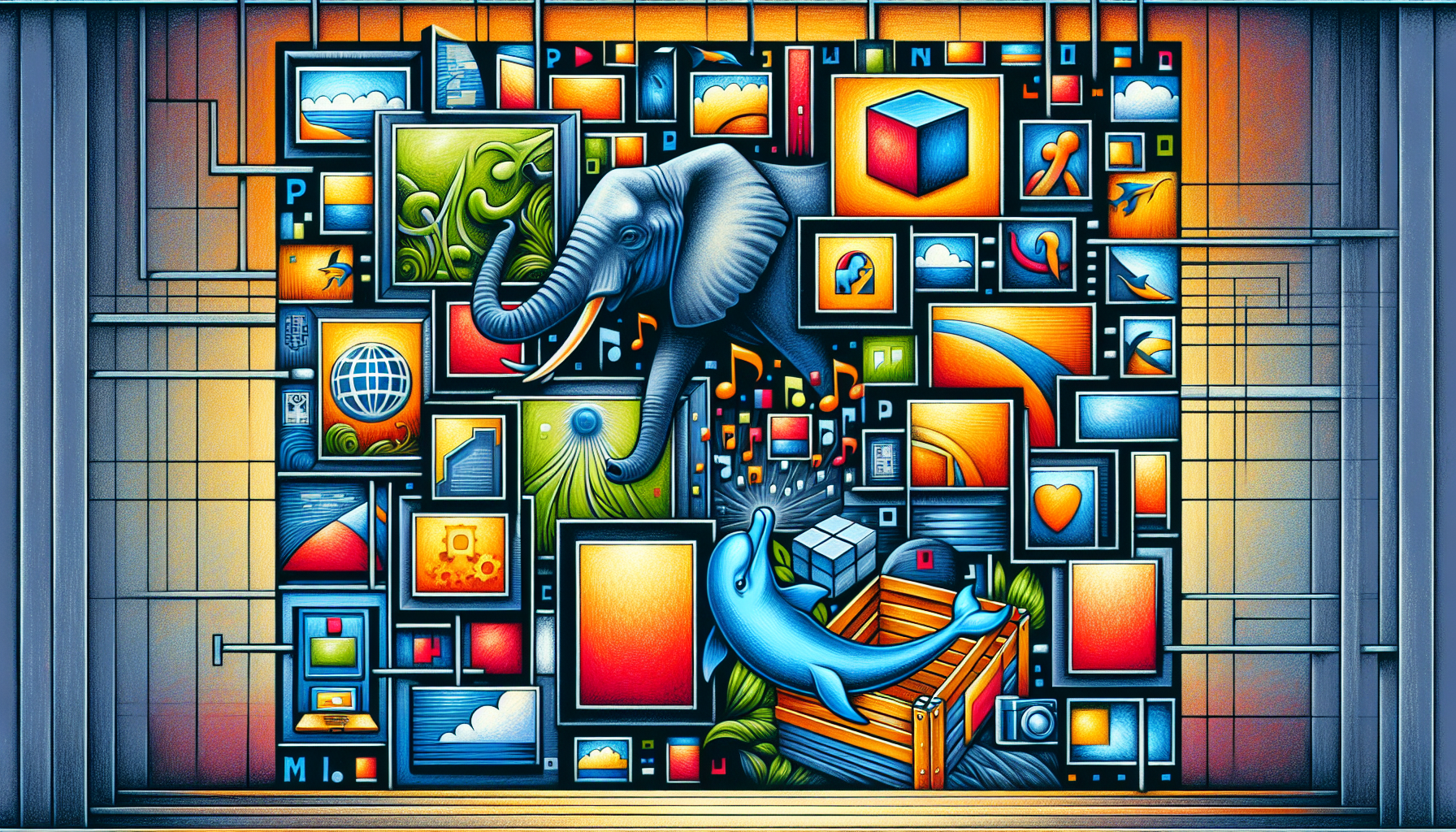 A conceptual illustration representing an image gallery creation process with PHP and MySQL. The main focus should be on a collage of vibrant, rectangular, and square images arranged in a grid that mimics a gallery. Show a symbolic representation of PHP and MySQL, for example, by using an elephant to represent PHP and a dolphin for MySQL without any identifiable logos or brand names. These symbols are interfacing with the gallery, indicating the process of creation. Ensure this artwork is devoid of any human figures, brand names, or textual content.