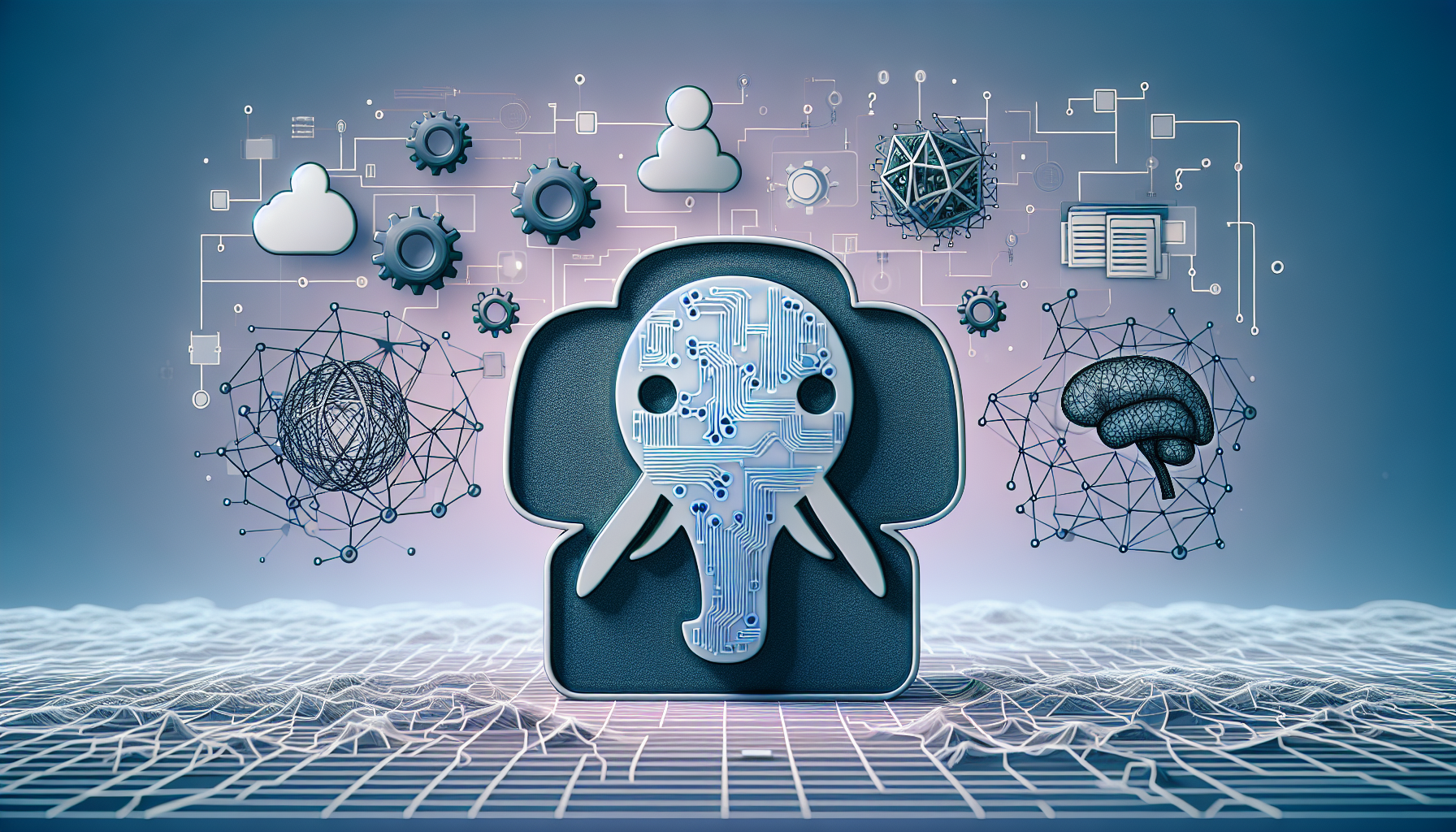 An abstract conceptual representation of the intersection of artificial intelligence and programming. The main elements are a PHP elephant emblem, devoid of any text, infused with circuits and gears to represent machine learning. Among the backdrop, recurrent neural network diagrams and decision trees represent key components of AI. The ground and surroundings are abstract, meshed wireframes, enveloping the elements in a digital ambiance. Soft bluish-purple hue envelopes the scene for a tech, futuristic mood.