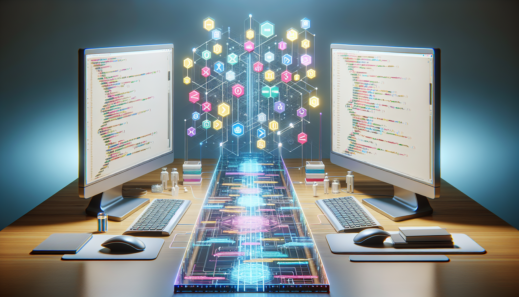 A visualization of a neat and organized workspace with a dual screen computer setup. On one screen, vivid symbols and lines of PHP code. On the other screen, colourful and orderly HTML code. Between the screens, a translucent bridge or pathway signifying the connection and transfer between the two. Floating around the screens are some other coding related elements such as brackets, less and greater than signs, and slashes. They are all in a calm, neutral surrounding with soft, ambient lighting.