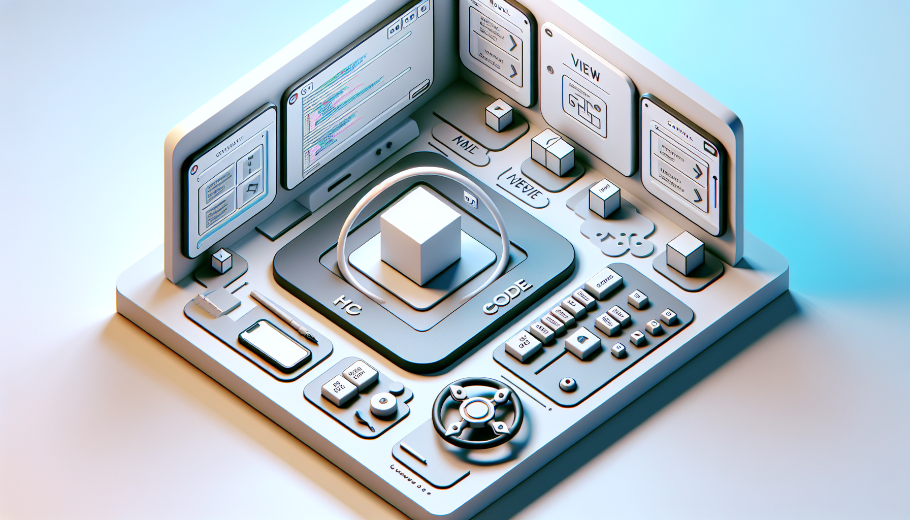 An overhead view of a virtual workspace containing a sequence of abstract symbols to illustrate the PHP Model-View-Controller (MVC) principles. The workspace features a well-organized layout representing each component of MVC: there's a three-dimensional cube denoting the Model part, a viewport denoting the View part, and a steering wheel denoting the Controller part. No text or brand names are present. The tableau is rendered in soft pastels to create a modern, minimalistic aesthetic, and there's ample negative space to create a sense of clarity and focus. The whole setup is low-lit, chicken out a relaxed atmosphere conducive to learning and understanding the complex principles.