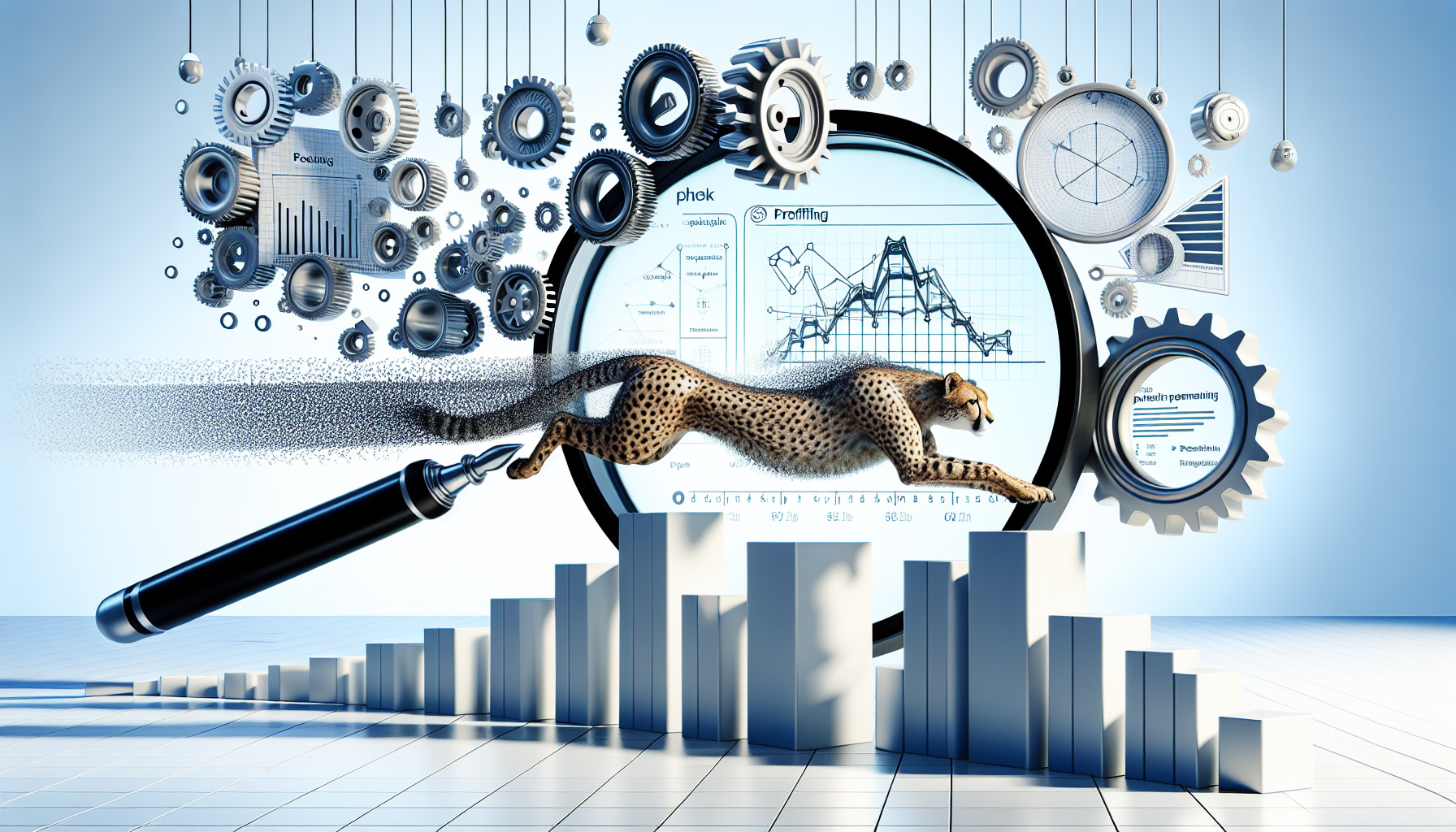 Imagine a symbolic representation of PHP performance tuning. Visualize a fast, lean cheetah–representing speed and performance–leaping over a barrier, signifying overcoming challenges. Drawnext to it, an oversized magnifying glass, symbolizing the detailed examination during performance tuning. Following that, visualize a set of gears that are interlocked and running smoothly, representing seamless integration and cooperation of PHP with Xdebug. Also, depict an abstract representation of profiling in the form of intricate charts and graphs floating in the air, demonstrating a process of meticulous inspection and optimization. The whole scene set in a large, clean, tech-savvy room, devoid of any brand logos, text, or human presence. Everything is designed in a modern, 3D rendering style.