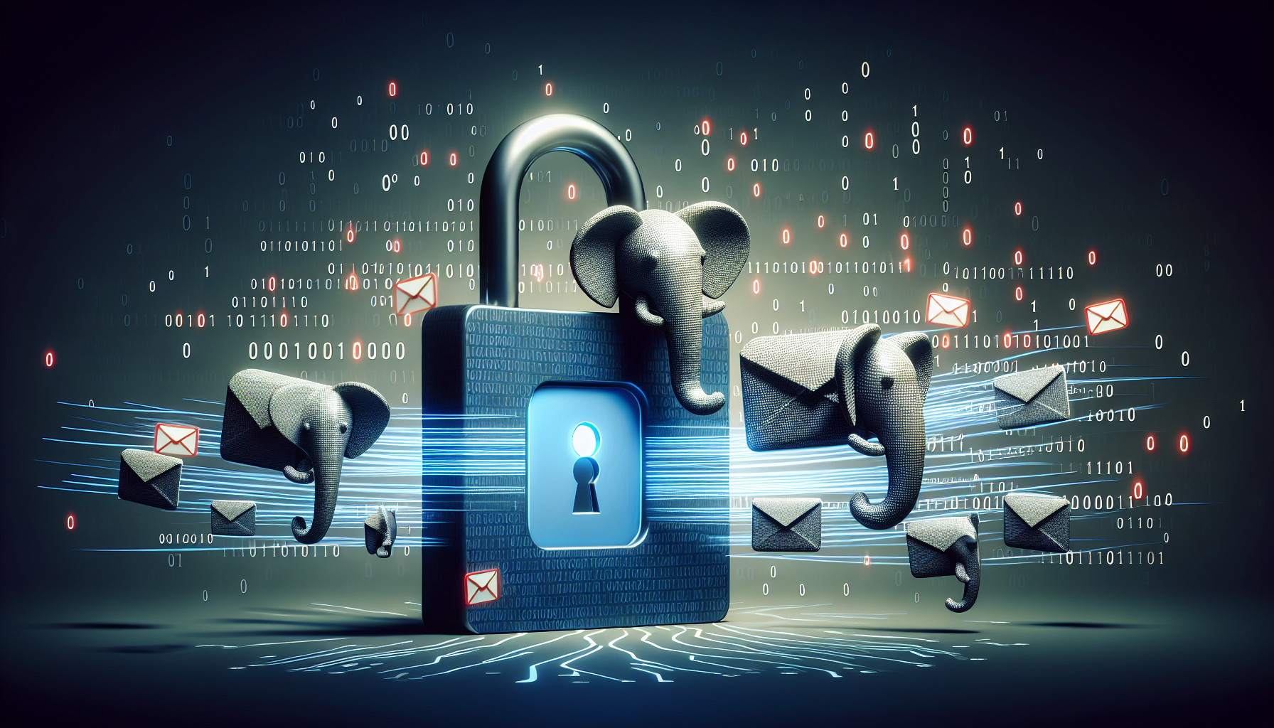 An abstract representation of secure file downloads using PHP: Imagine a digital setting with a large padlock symbolizing security at the center and binary code flowing in the background. Distinct objects symbolizing file downloads are depicted as envelopes moving towards a large file folder. The objects interact with the padlock indicating secure transmissions. On the right hand side, depict an object that invokes the idea of PHP, perhaps a loosely stylized elephant, the informal PHP mascot, but in an abstract, non-literal way. No brands, no text and no people are included.
