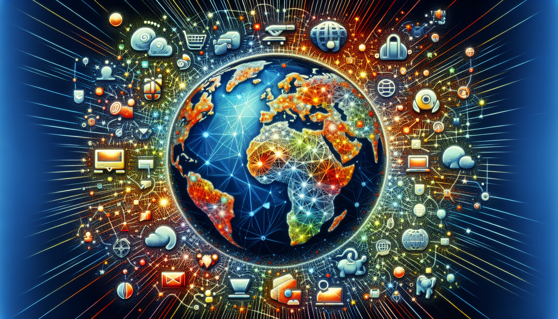 An abstract yet impactful visual representation of international web development using the PHP language. Picture a global map with distinctively marked continents, engulfed with myriad radial mesh networks to illustrate interconnectedness. Over this network, show various universal icons representing common website functionalities: a shopping cart, a chat bubble, etc. At the center, display a symbol representing PHP, like an elephant (avoiding direct text). Ensure no people or brand names/logos are shown. The image should employ a modern, digital art style, with vibrant colors enhancive of an international, diverse environment.