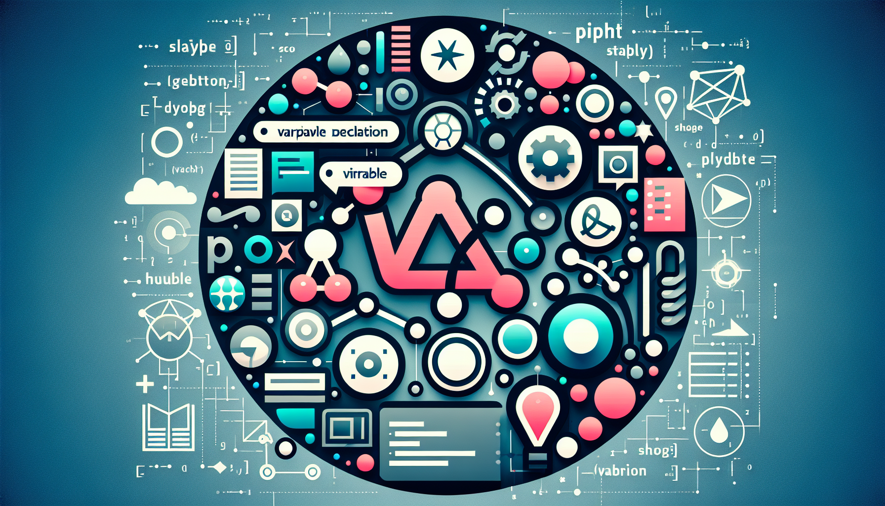 An aesthetically pleasing illustration representing the concept of PHP variables. Perhaps a collection of abstract symbols or icons might work, evoking notions of variable types, declarations, and scope, without using any text. An interconnected web or system might serve to represent the concept of variable scope, while simple, distinct shapes could be employed to demonstrate different variable types. A hint of technology or coding in the background to tie it all back to the context of programming language, but without any specific brand logos or identifying traits.