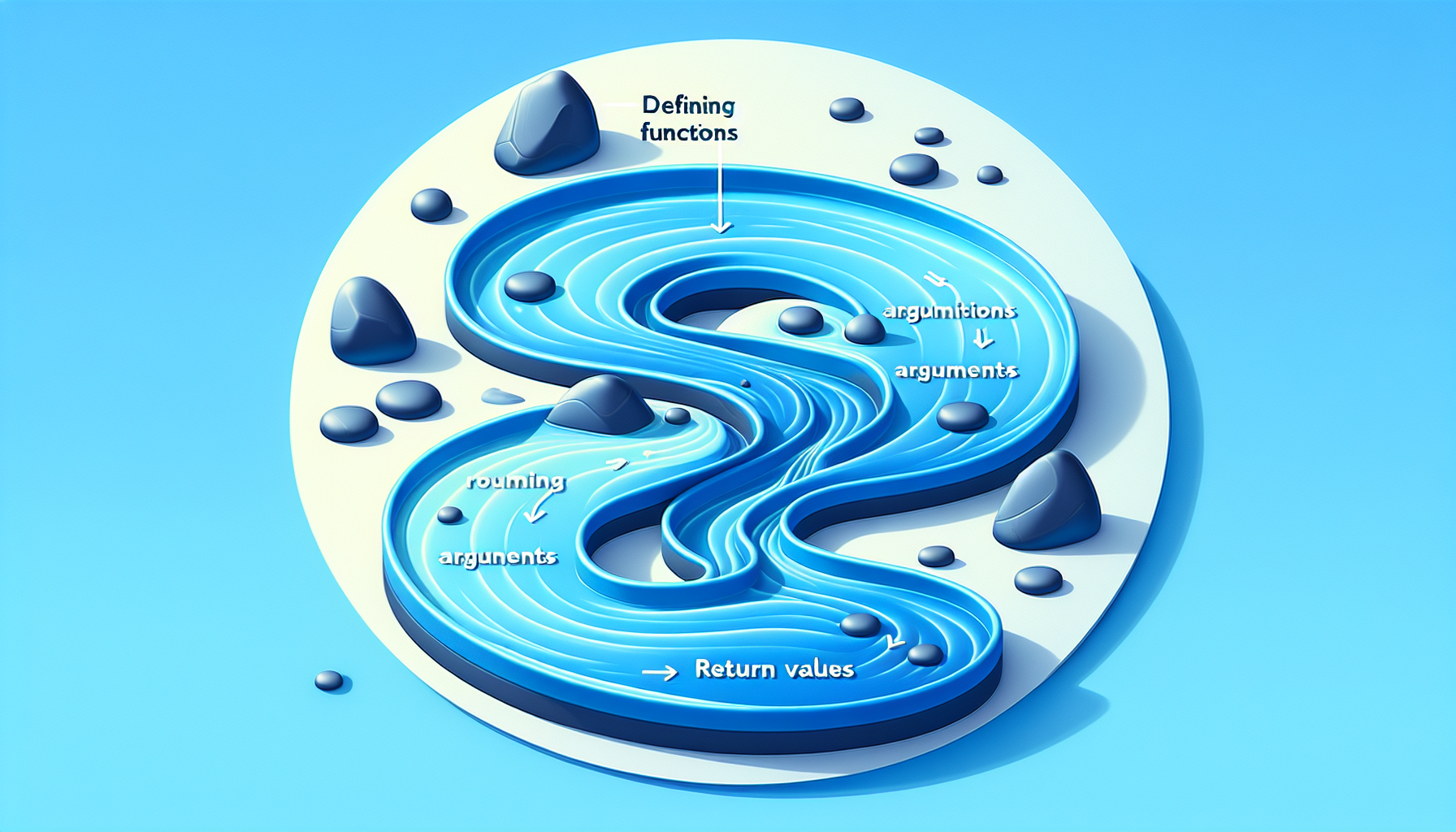 Visual representation of PHP coding practices that show defining functions, their arguments, and return values, with no people involved. Picture a smooth blue flowing stream that stands for PHP scripting. The stream origin illustrates a defined function, stones in the stream signify arguments, and the stream's destination stands for return values. Avoid any text, brand names, or logos within the image.