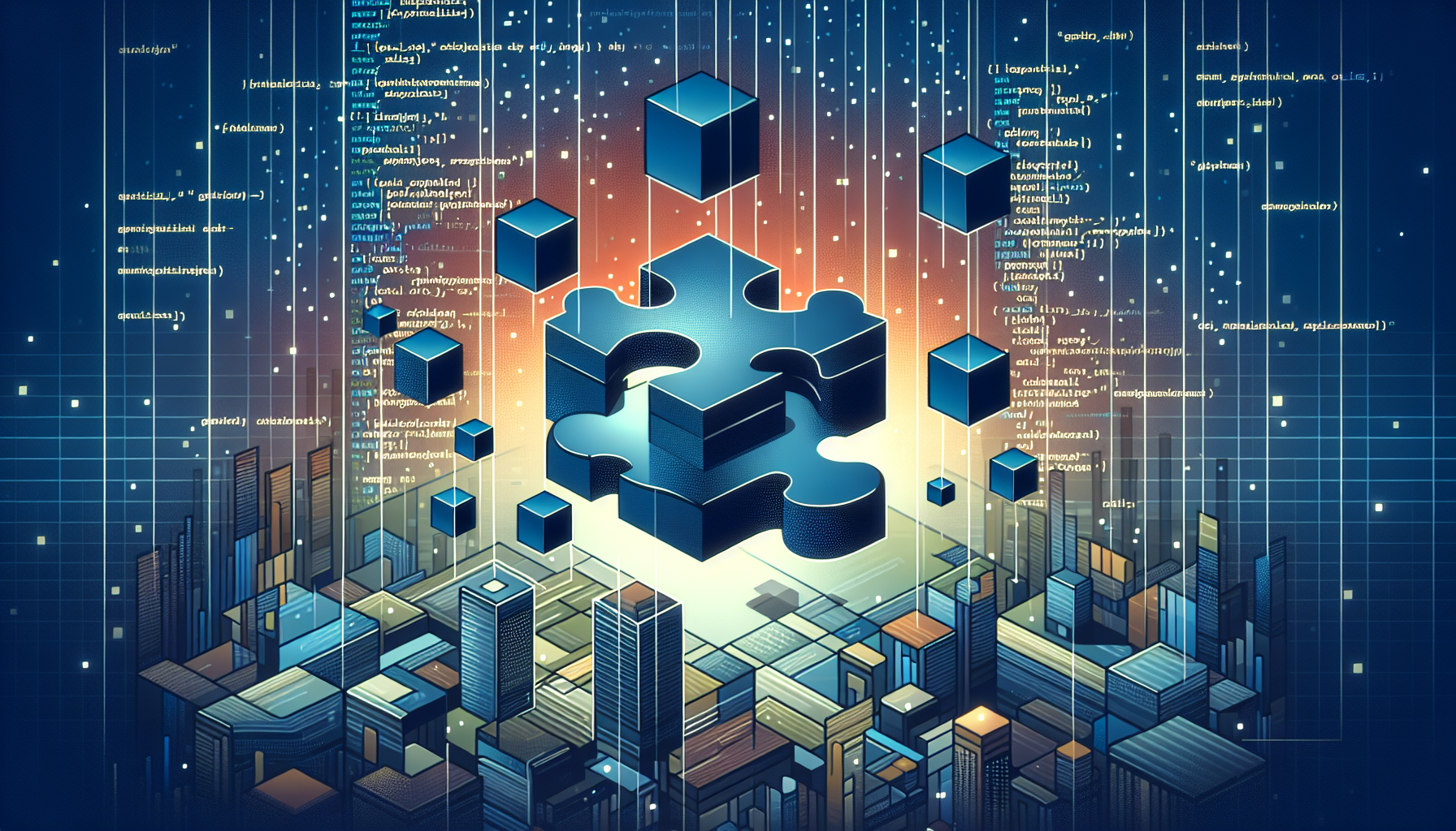 Illustration depicting the concept of modular code organization, specific to PHP programming language. Visualize the 'Include' and 'Require' command symbols as puzzle pieces fitting together perfectly. Exhibiting an abstract digital landscape with floating cubes denoting modular structure. No brand logos, no text, no human figures. Theme tone to be reflective of coding, leaning towards dark grays and blues, with highlights of bright colors to emphasize key components.