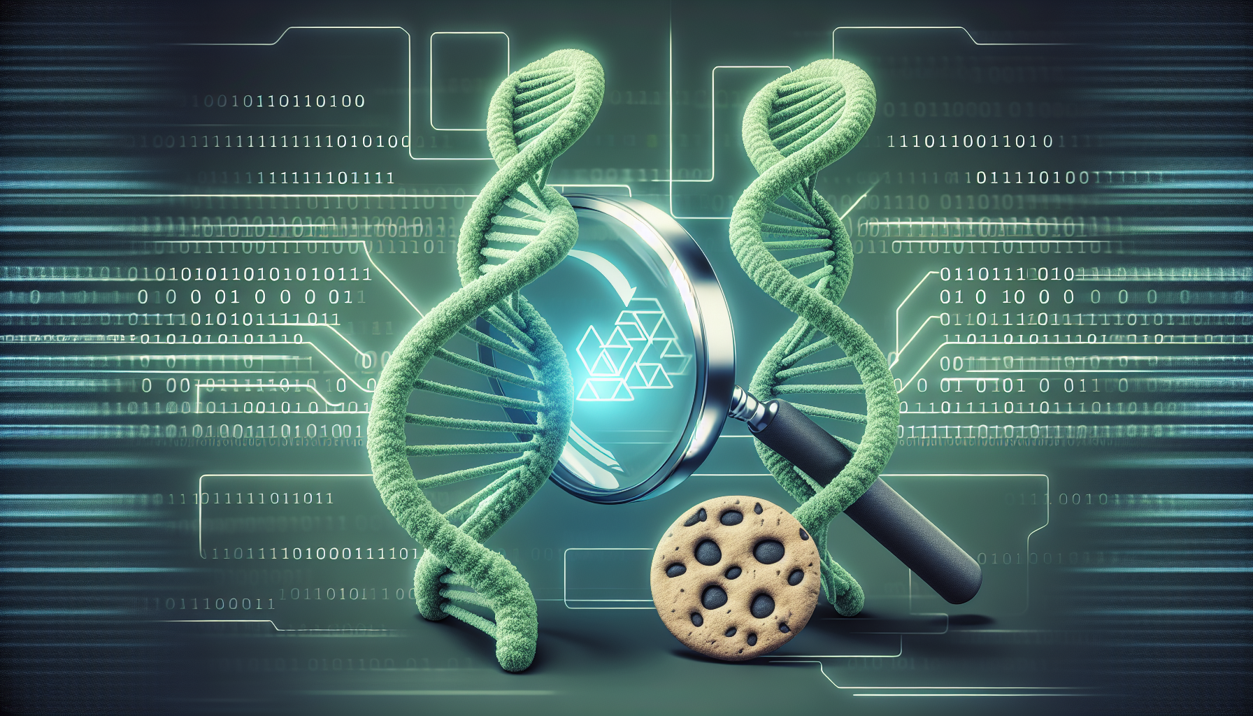 An interesting and informative image shows the abstract concept of PHP sessions and cookies, represented as two unique, intertwined DNA-like structures in the green shades representing PHP. Next to them, a magnifying glass hovers, symbolizing the tracking function. The image portrays no text, no brand names, and no human figures. In the background, there are subtle binary codes in slightly faded contrast, symbolizing the digital context of the topic.
