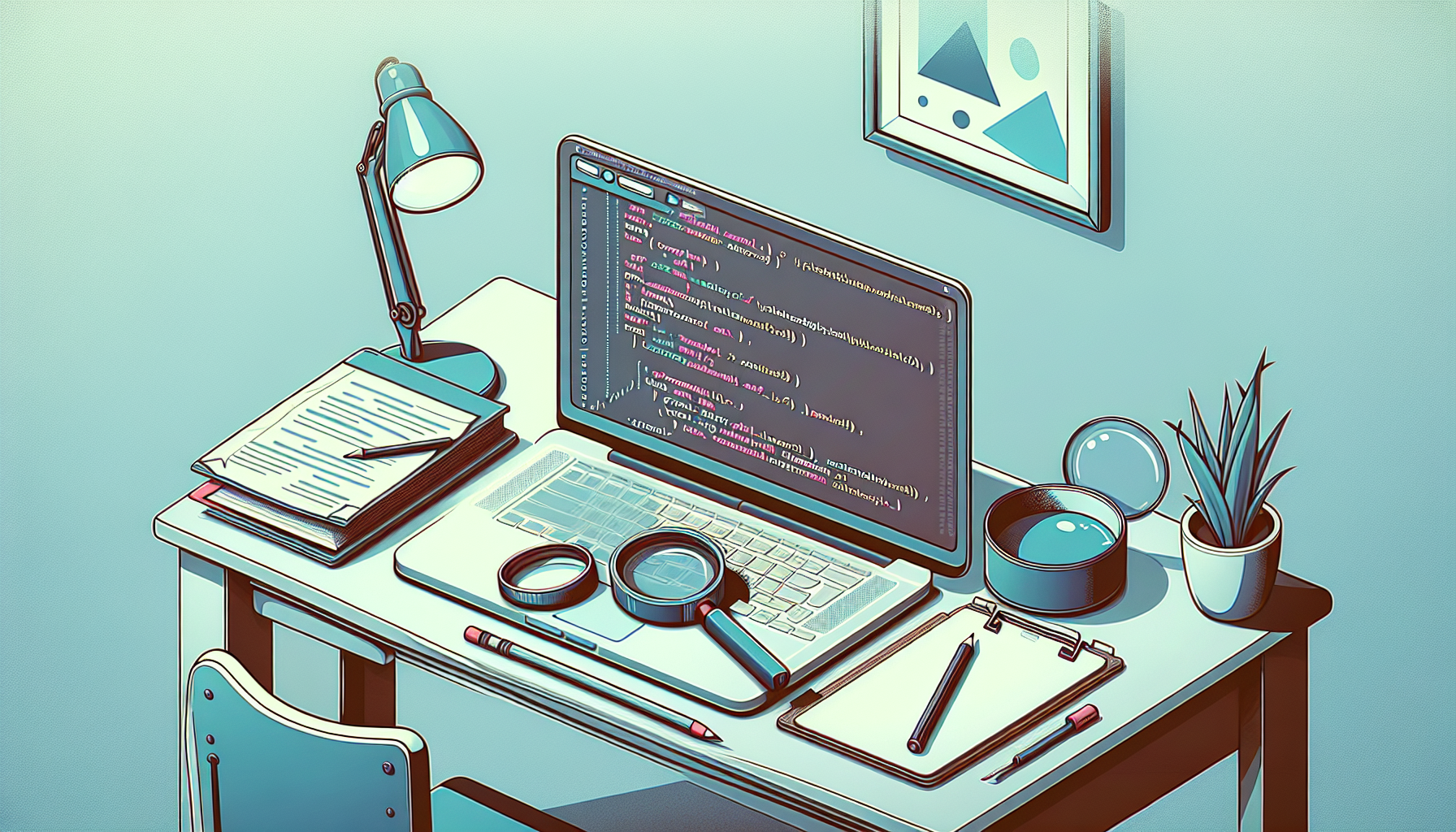 A conceptual illustration for a technical article on PHP form handling and data validation. Picture a clean, minimalist desk with a laptop open to display a generic, non-branded code editor with unidentifiable programming language on the screen. No details seen, as there's no text in the image. The desk also features a notepad with a pencil, symbolic of form input. A magnifying glass resting on the notebook signifies data validation. Throw in some generic, non-branded abstract artwork hovering above the desk to add character. Maintain a balanced composition with cool color tones.