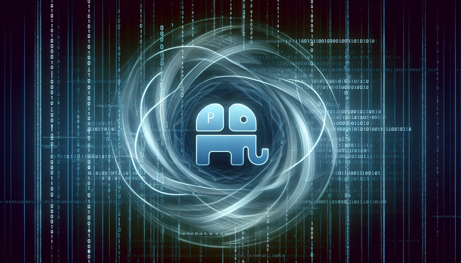 An abstract image representing web development concepts. In the center, there is a symbol symbolizing PHP, like an elephant. Around it, visualize swirling lines representing AJAX and asynchronous requests. The background is filled with binary code in a subtle manner, implying the digital world. Everything looks like it is in constant motion, highlighting the asynchronous nature of AJAX. No brands, text, logos, or human figures are present.
