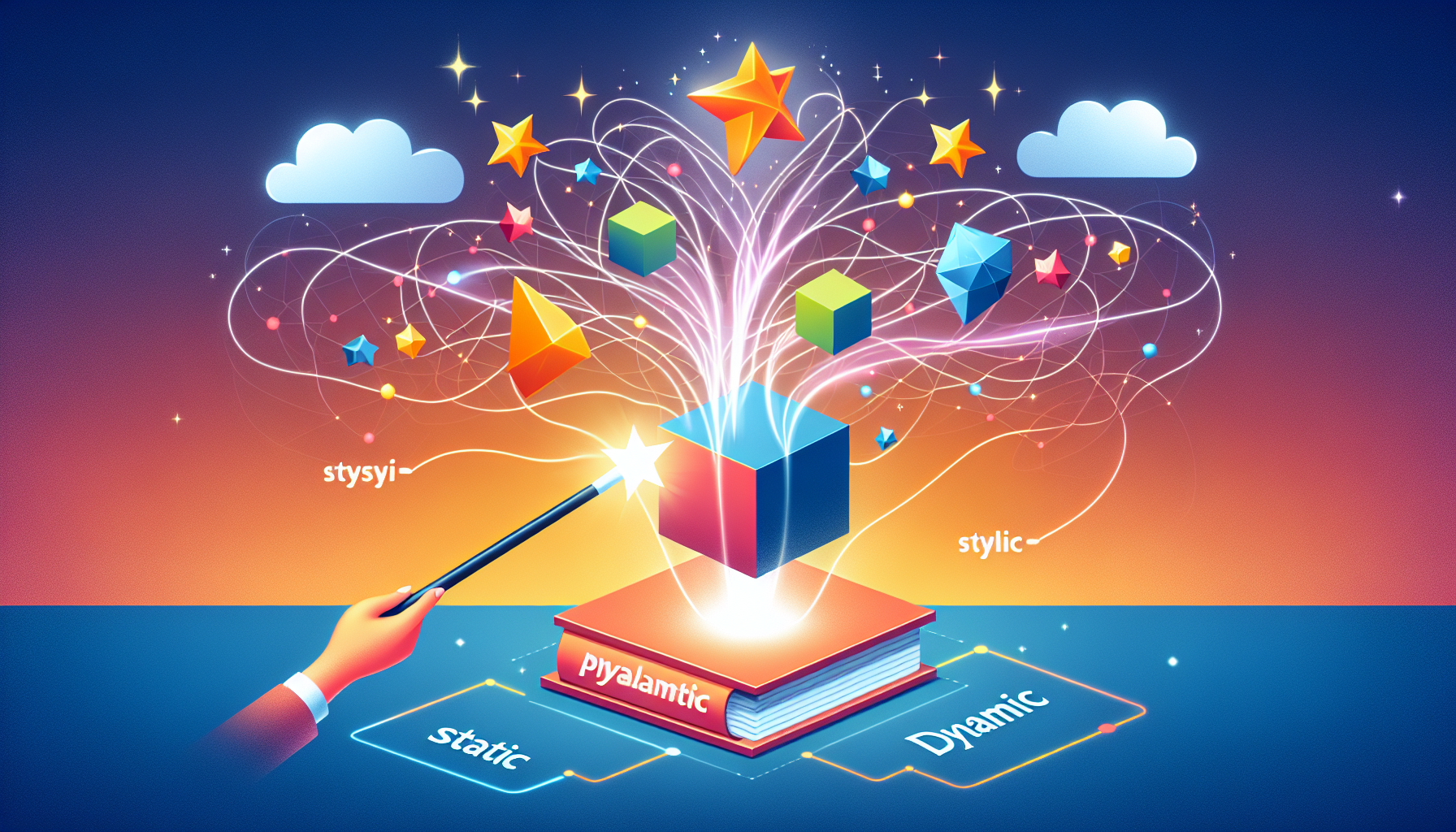 Visual representation of a web development process, where the abstract concept of PHP programming language is generating dynamic HTML content. Display this process as symbolized by a magic wand casting a spell, transforming simple, static shapes into vibrant, complex structures, symbolizing the transition from static to dynamic HTML. Make sure the magic wand is not attributed to any brand and that there are no individuals in the scenario.