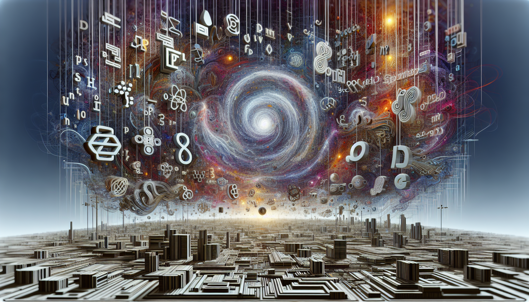 An abstract representation symbolizing the process of manipulating and processing text in PHP string functions, visualized as a multitude of lines, shapes, and computing symbols. Imagine a vivid and detailed image of a so-called 'invisible realm' of a programming language where strings of code are being altered, transformed, intertwined, separated, and processed by unseen forces of computing logic. The scenes portray a dynamic and complex yet harmonious environment that embodies the practices of scripting language PHP, specifically in its text manipulation functions, but without any textual, human, or branded elements in it.