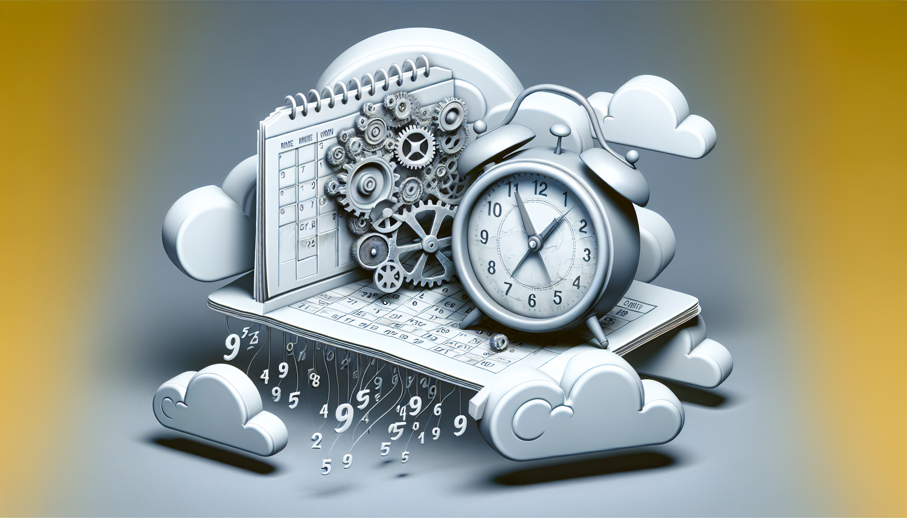 An abstract representation of the concept of PHP date and time functions. Depict a stylized clock in mid-air with gear mechanisms visible, symbolizing calculation and time. Next to the clock, illustrate a calendar sheet floating, with symbolic PHP symbols (elephant) subtly embossed or watermarked in the background. Situate these elements amidst clouds, implying the concept of 'cloud computing'. Ensure NO text appears on any items within the image, and absolutely avoid any inclusion of people, brands, or logos.