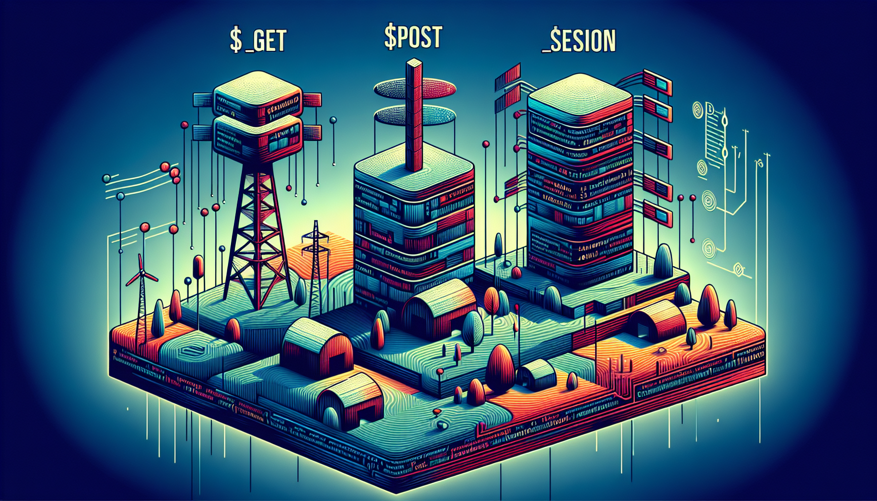 An assortment of symbolic elements that represent the functionality of PHP Global Variables: $_GET, $_POST, and $_SESSION, without including specific text. The visual metaphor includes a digital landscape with three uniquely designed structures. The first structure represents $_GET, appearing like a data transmitter receiving information. The second structure represents $_POST, depicted as a transmission tower emitting signals, and the third building symbolizes $_SESSION, visualized as a secure storage facility or vault. It is important that the image does not contain any human characters, brand names, logos, or direct textual references. Colors used should provide a visually intriguing depiction of code and data processes, and the style should be abstract and digital.