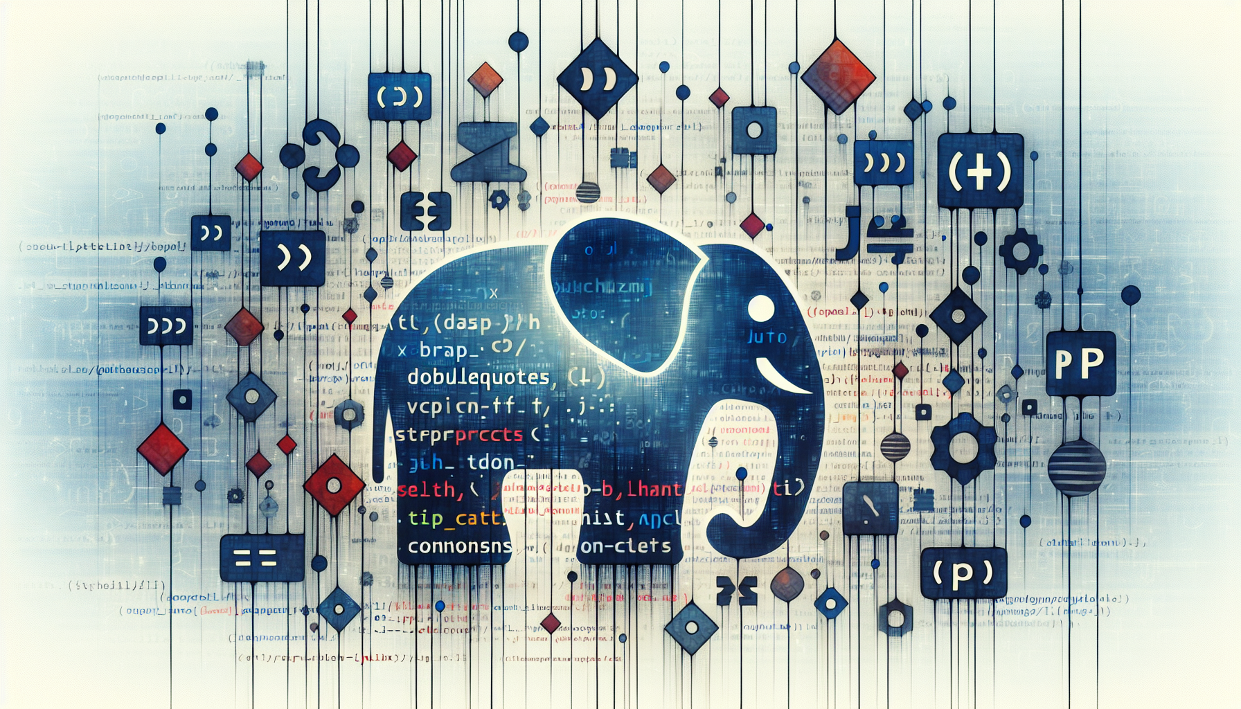 Illustrate an abstract interpretation of working with APIs and data formats in the context of PHP and JSON. Picture coding language symbols such as braces, double quotes, commas, and colons, floating organizedly in the digital space, giving a clear idea of data structure without the use of text. Also, visualize connecting points or lines, symbolizing APIs, in a non-branded, universal design. Incorporate some symbols representative of PHP, such as the elephant mascot, but devoid of any discernible text or branding. This composition should portray the silent, unseen mechanics that enable seamless data transmission and manipulation in coding.