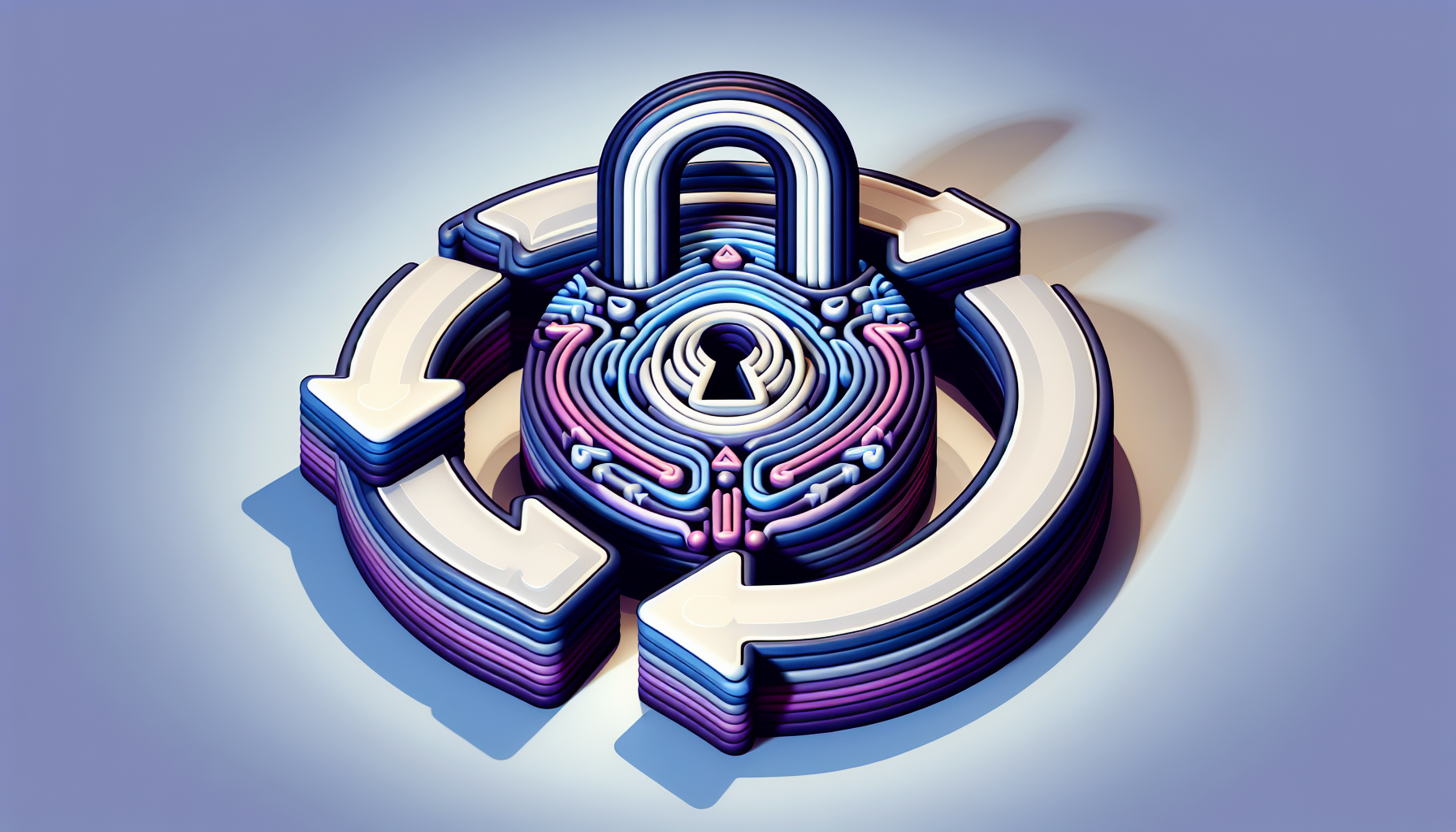 An image featuring a metaphorical representation of securing PHP web applications. Depict a large padlock symbol in the center, representing security. Surrounding it, visualize a series of arrows forming a circular flow, representing 'Sanitization and Validation' process. Show this through abstract formations or patterns instead of text. Use colors typically associated with PHP, such as purples and blues, and avoid including any people, brand names, or logos.