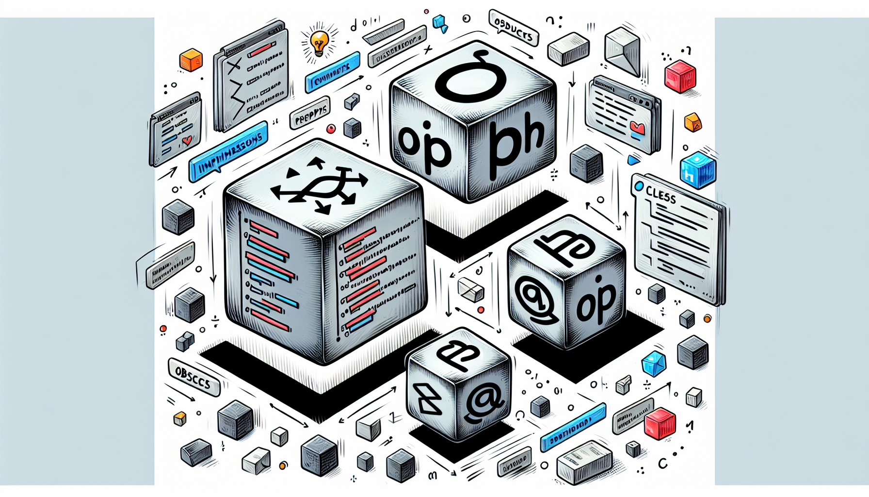 A fun illustration portraying the concept of Object-Oriented Programming (OOP) in PHP. The main elements are a hand-drawn, 3D symbolic representation of a class and objects, which are cubes with PHP symbols on them. Each object cube is distinct but similar, emphasizing the concept of multiple instances from a single class. The background is filled with abstract shapes and symbols that depict coding and programming. There are no people, text on the items, or brand names in this image.