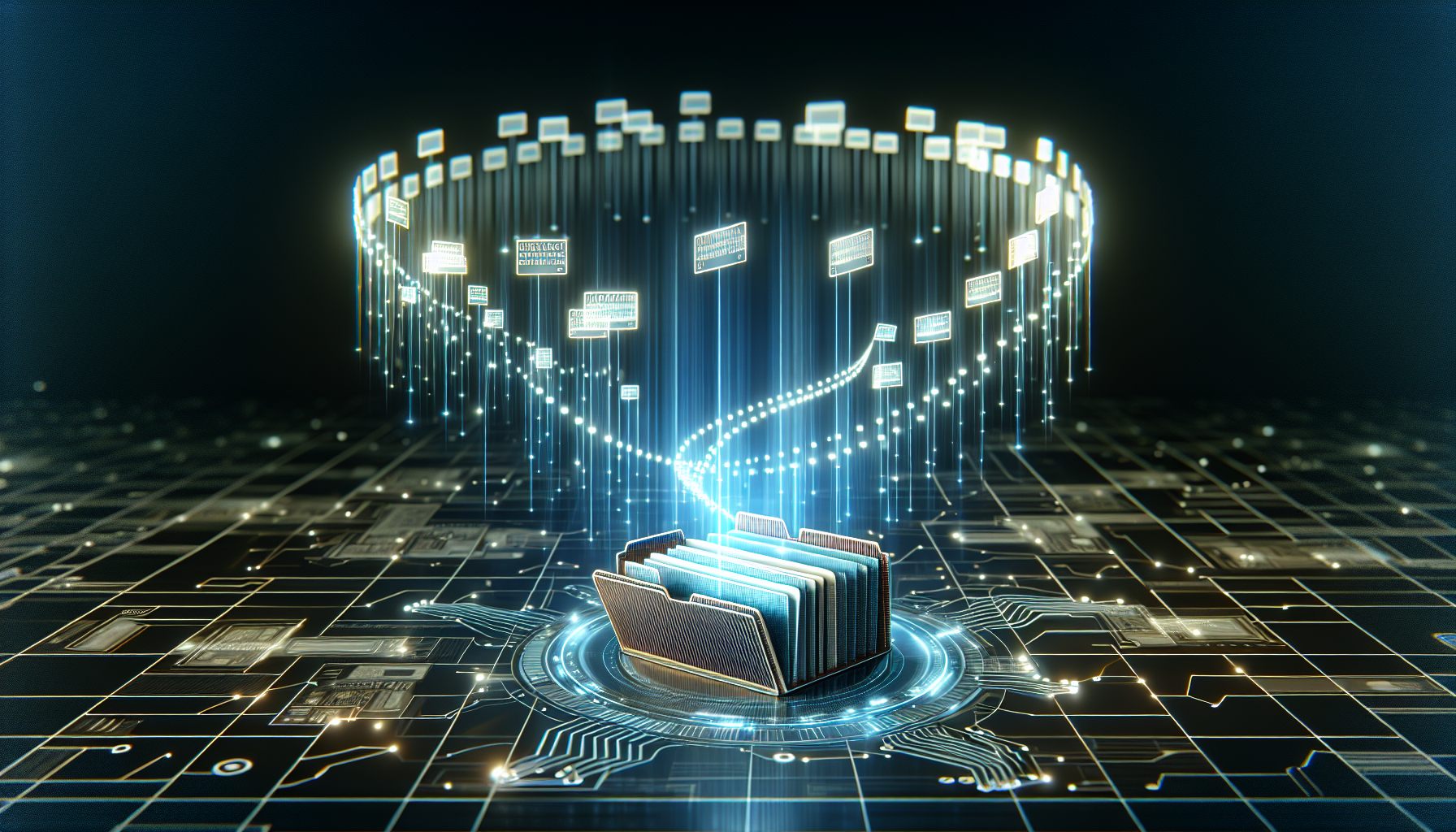 An abstract visualization conveying the concept of transferring digital files. Picture a hovering, three-dimensional model of a generic file folder, from which an array of glowing, binary code lines (representing files) are streaming upwards towards a stylized computer terminal in the upper half of the frame. The devices are not associated with any brands. The image has a background made of wireframes forming a digital network. The scene is filled with soft, luminous lighting and a futuristic atmosphere.