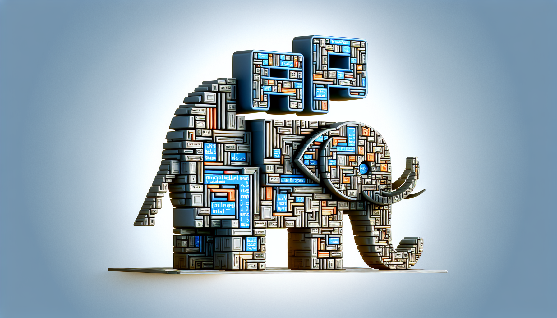 Visualize the intersection of HTML5 and PHP without including text or people. Illustrate abstract concepts in an appealing way. Depict a large HTML5 logo made of intricate code blocks juxtaposed with a PHP elephant symbol, also constructed from code blocks. All symbols and logos must be generic, without adhering to any specific brands or copyrighted materials. The webpage layout should be implied through geometric shapes and borders, highlighting the interactive aspects of websites created using these technologies.