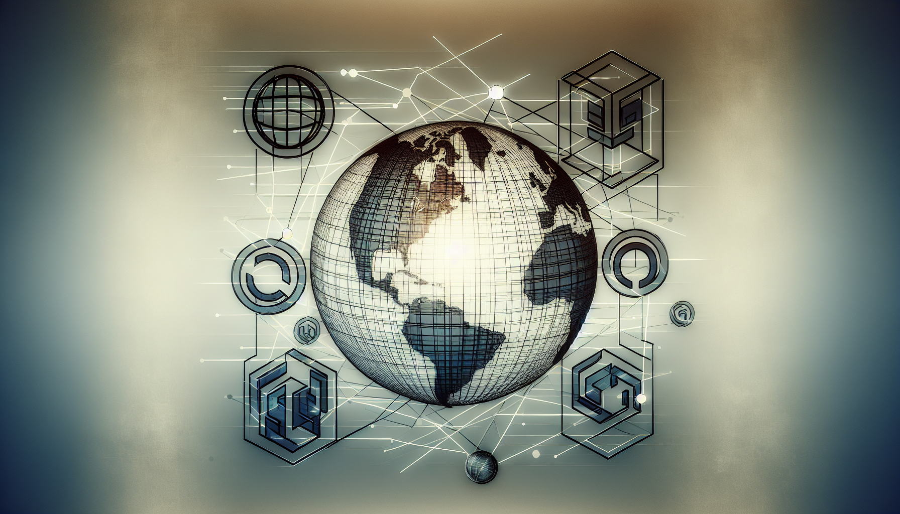 An abstract digital illustration representing the concept of integrating PHP with WordPress themes and plugins. Picture a wireframe globe connected via lines to multiple geometric shapes symbolising plugins and themes. Adding to the representation, have superimposed semi-transparent icons for coding to reflect the PHP aspect. Neutrals and cool tones dominate the color scheme. Ensure no brand names, logos, text, or depictions of people are included.