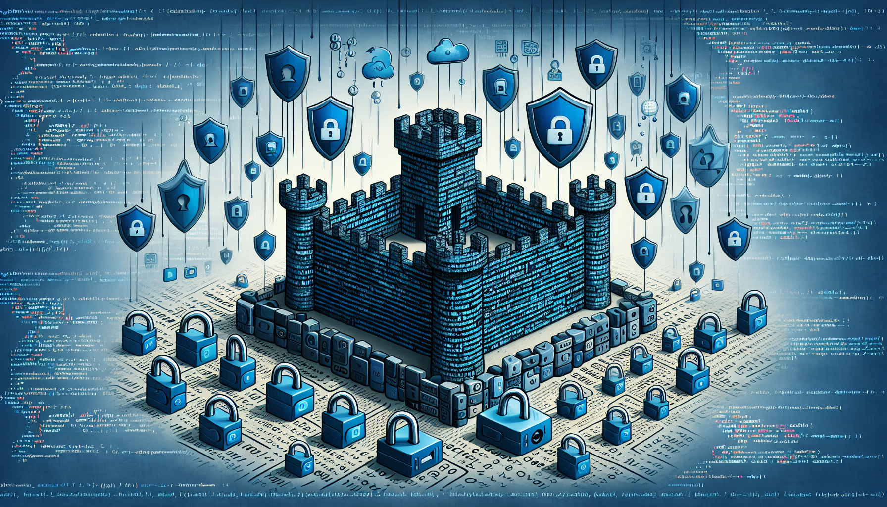 A detailed illustration dedicated to PHP security and web application protection. Visualize a secured fortress made up of code snippets with various PHP securing symbols. Generic, shield-shaped security icons hover above the fortress. Furthermore, the scene displays a wall made from jumbled PHP codes to represent the protection provided. Integrate abstract concepts like padlocks, firewalls, and binary code streams running in the backgrounds to signify the best practices of web application security. Ensure no text, people, brand names, or logos are present in the image.