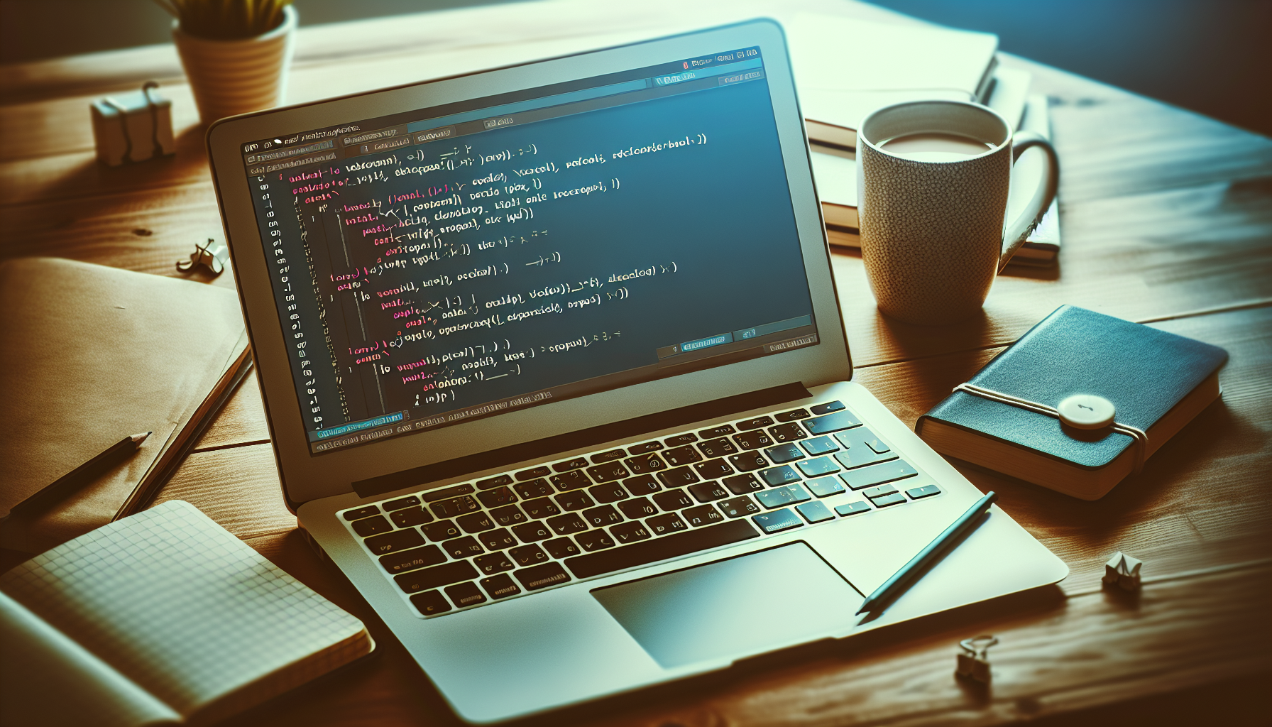 An image representing the concept of beginner-level PHP variable usage without people, text, or brand names. The image should include a computer screen with a simple, nondescript coding interface, displaying programming syntax that is visually identifiable but not legible, thus keeping true to the no-text request. There should be a soft-focus laptop keyboard in the foreground, with what appears to be a cup of coffee and notebooks indicating a working environment to the side. The overall tone of the image is approachable and not intimidating, suggesting an inviting learning atmosphere for beginners in coding.